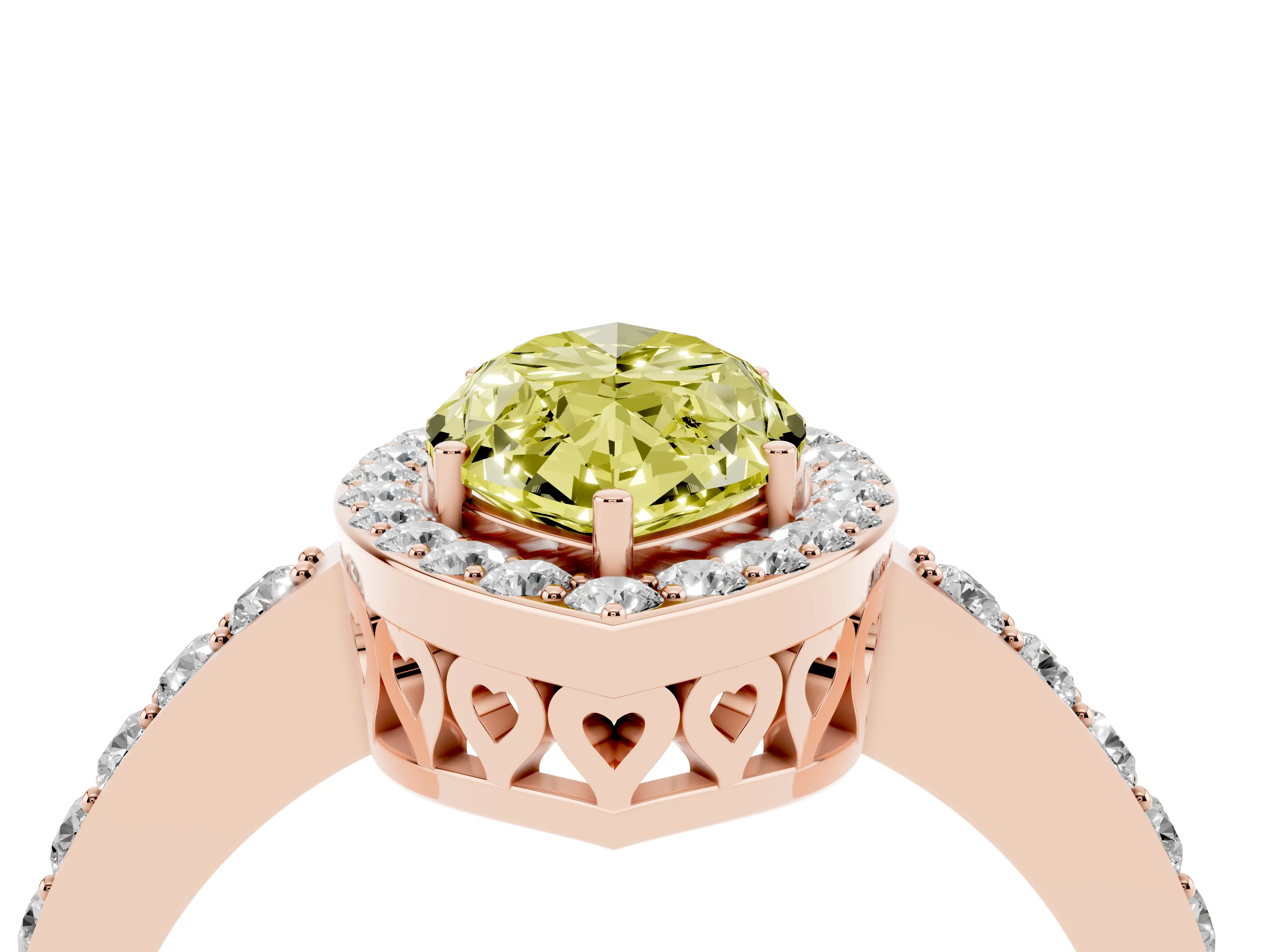 Fancy Yellow Marquise Cut Diamond Halo Ring Set in Rose gold with Pavé-Setting Band and Open Prong Center