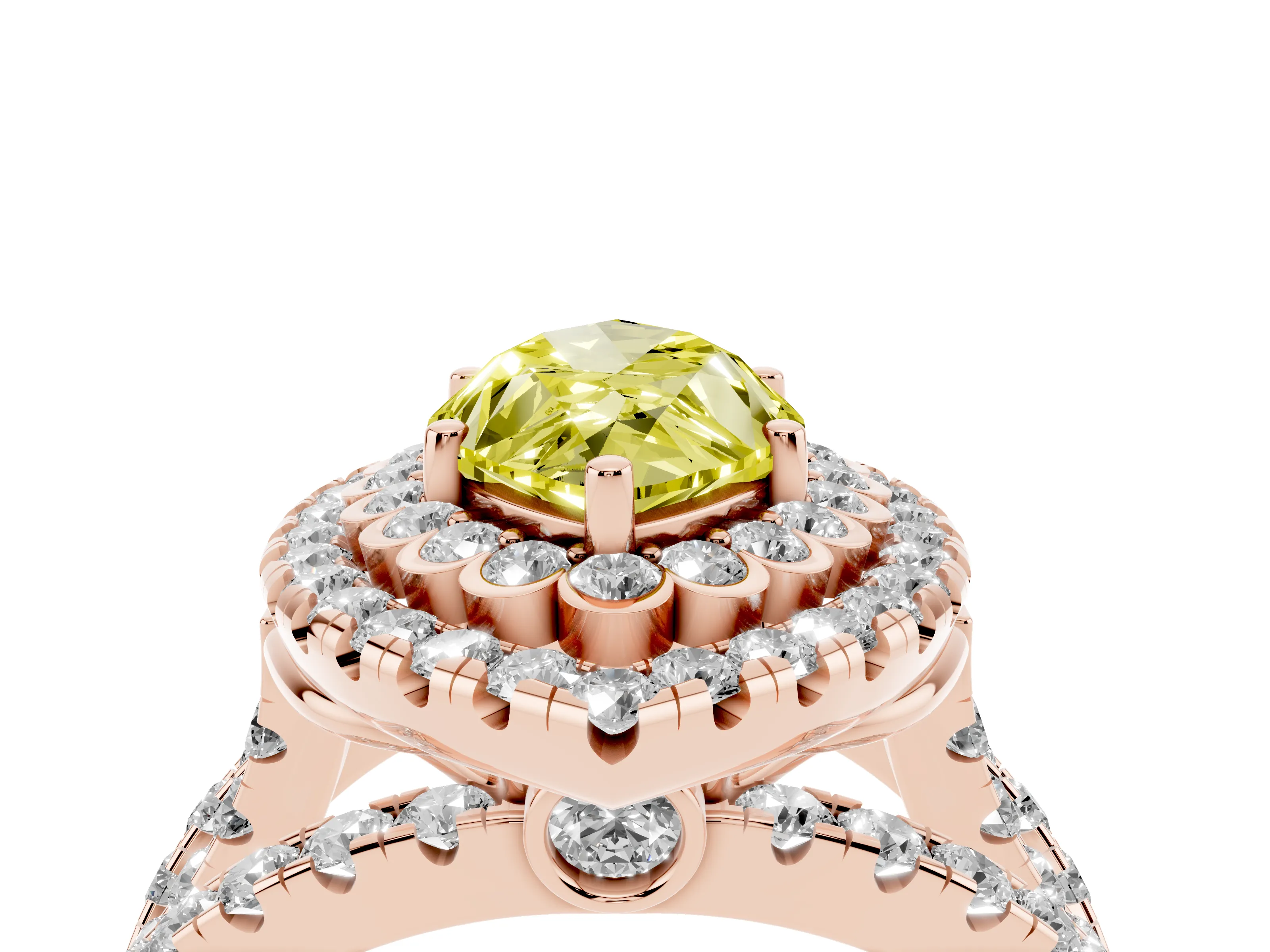Fancy Yellow Marquise Cut Diamond Double Halo Ring Set in Rose gold with Round Pavé Split Shank