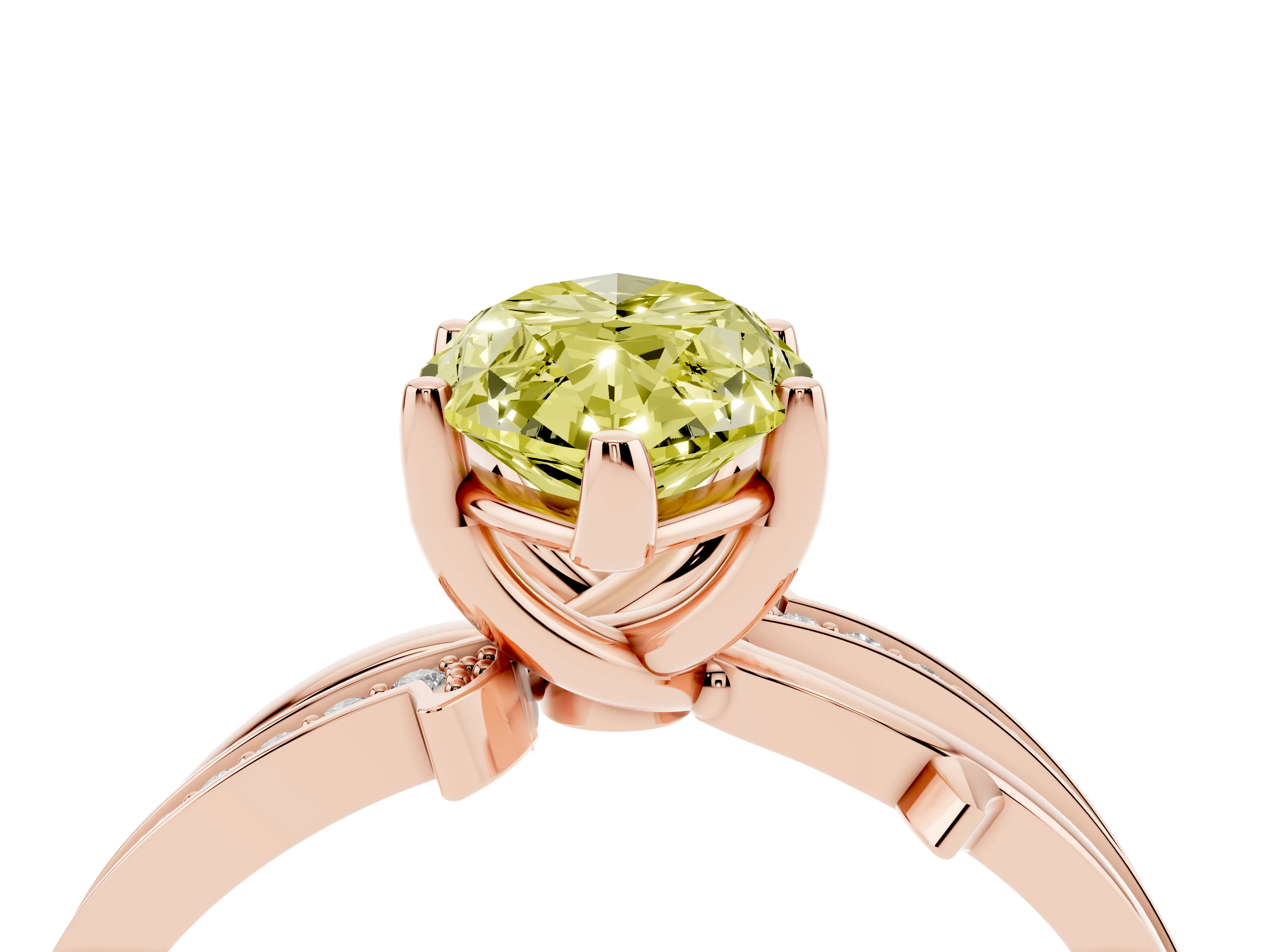 Fancy Yellow Marquise Cut Diamond Pavé Twist Band Solitaire Ring Set in Rose gold with Prong Setting