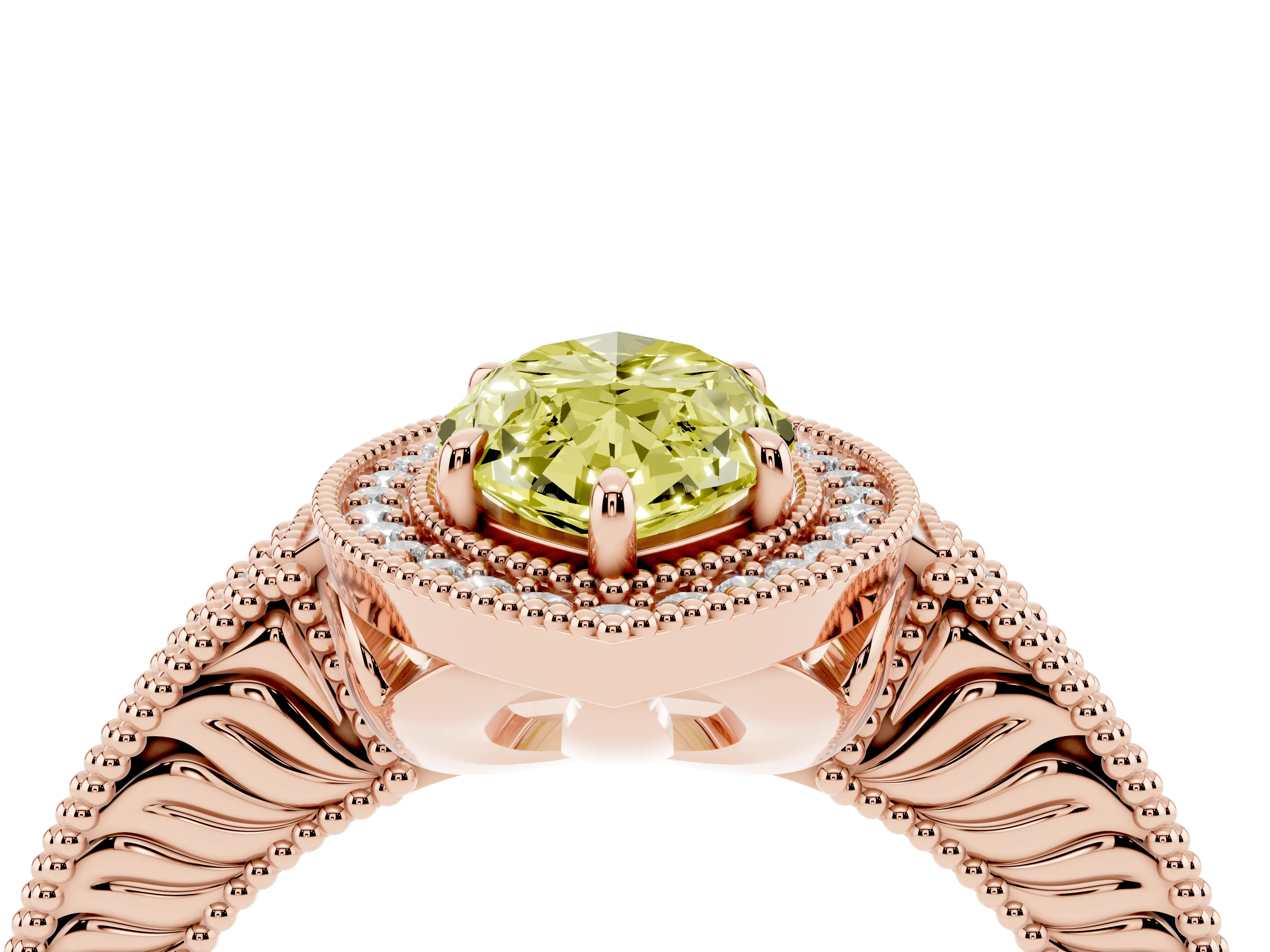 Fancy Yellow Marquise Cut Diamond Halo Ring Set in Rose gold with Round Accent Halo, Pavé Band and Prong Setting
