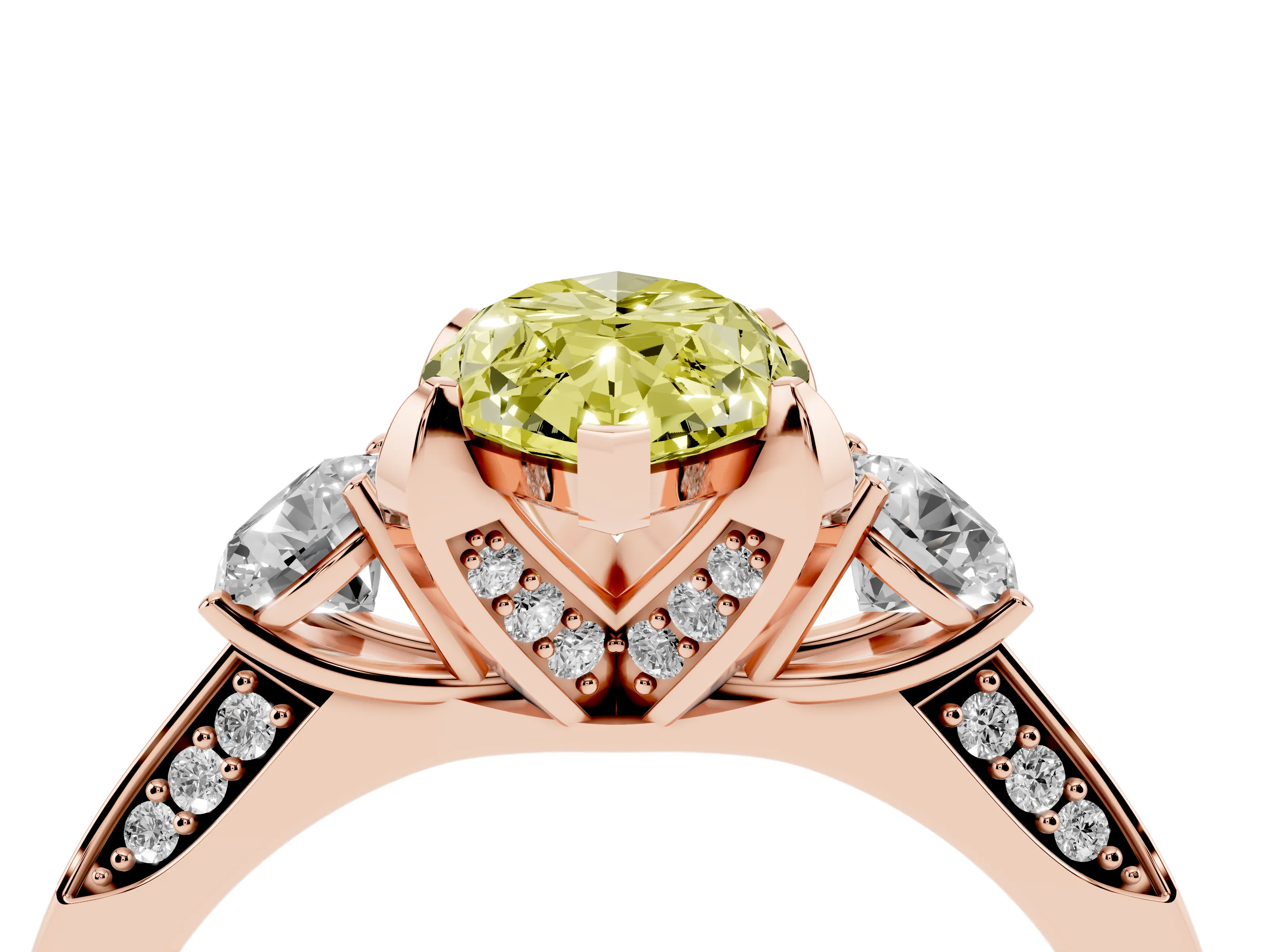 Fancy Yellow Marquise Cut Diamond Three-Stone Ring Set in Rose gold with Pavé Band and Smaller Side Stones
