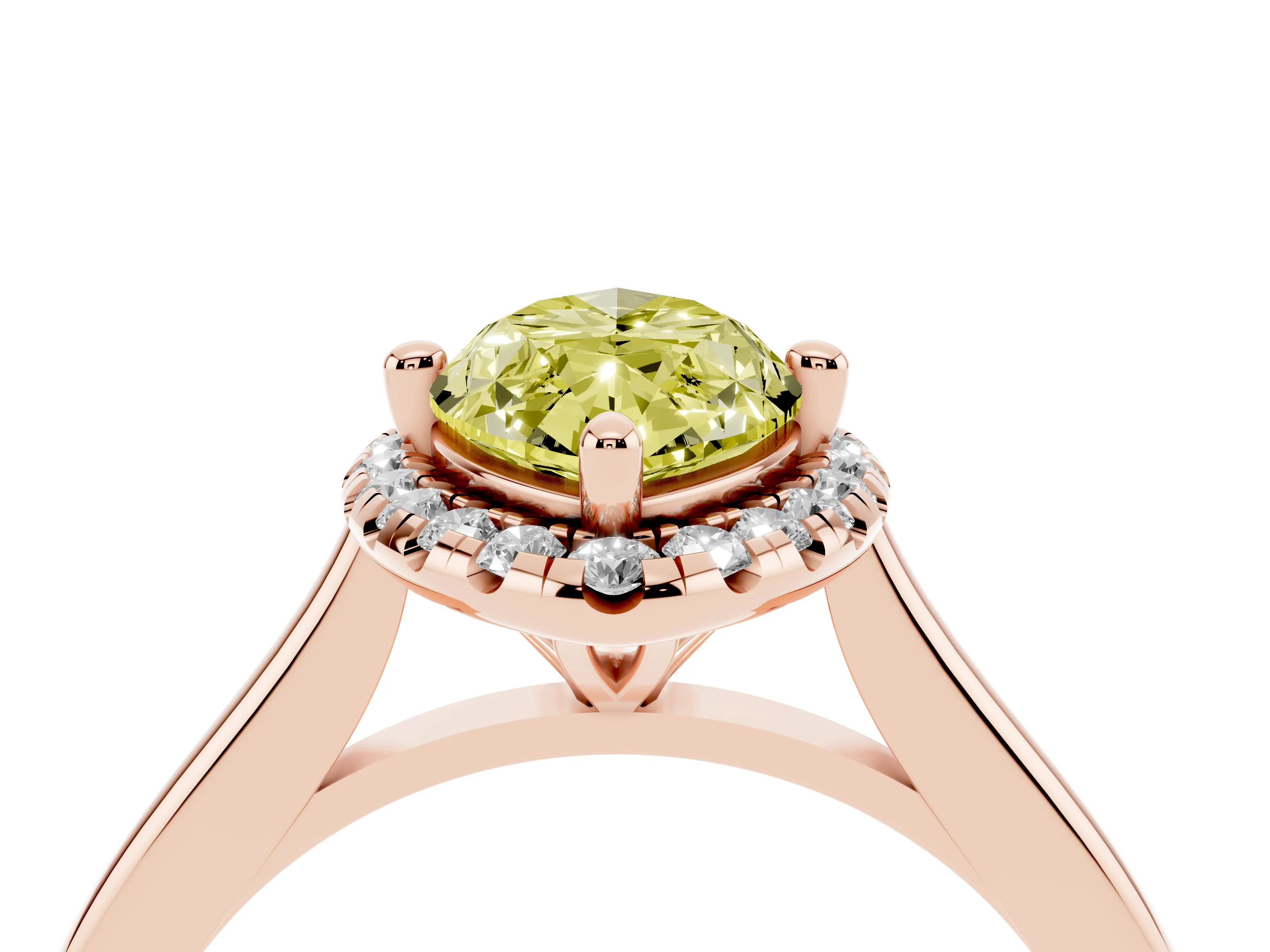 Fancy Yellow Marquise Cut Diamond Halo Engagement Ring Set in Rose gold with Pavé Band and Rising Shoulders
