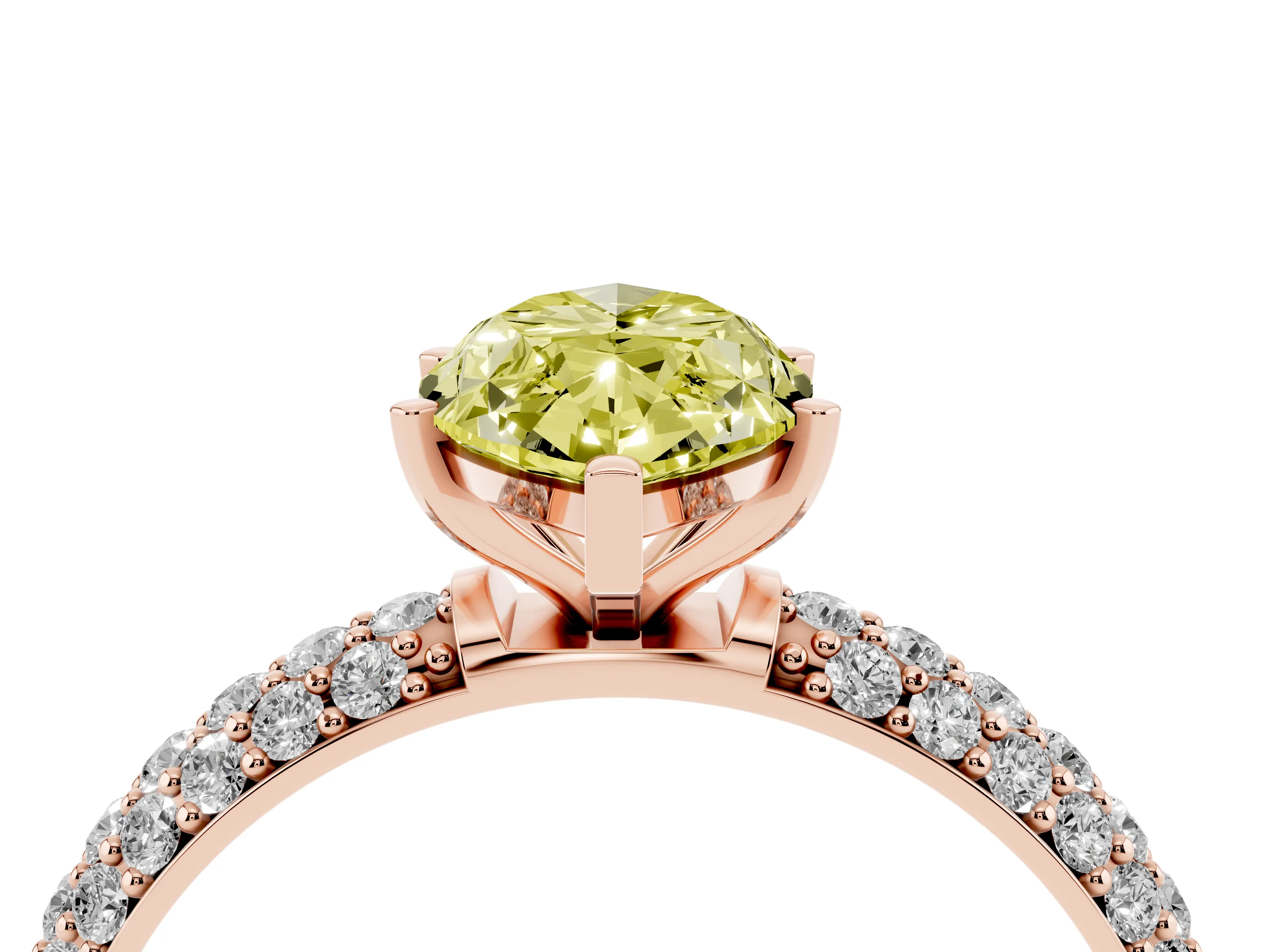 Fancy Yellow Marquise Cut Diamond Solitaire Ring Set in Rose gold with Prong Setting and Pavé-Set Band