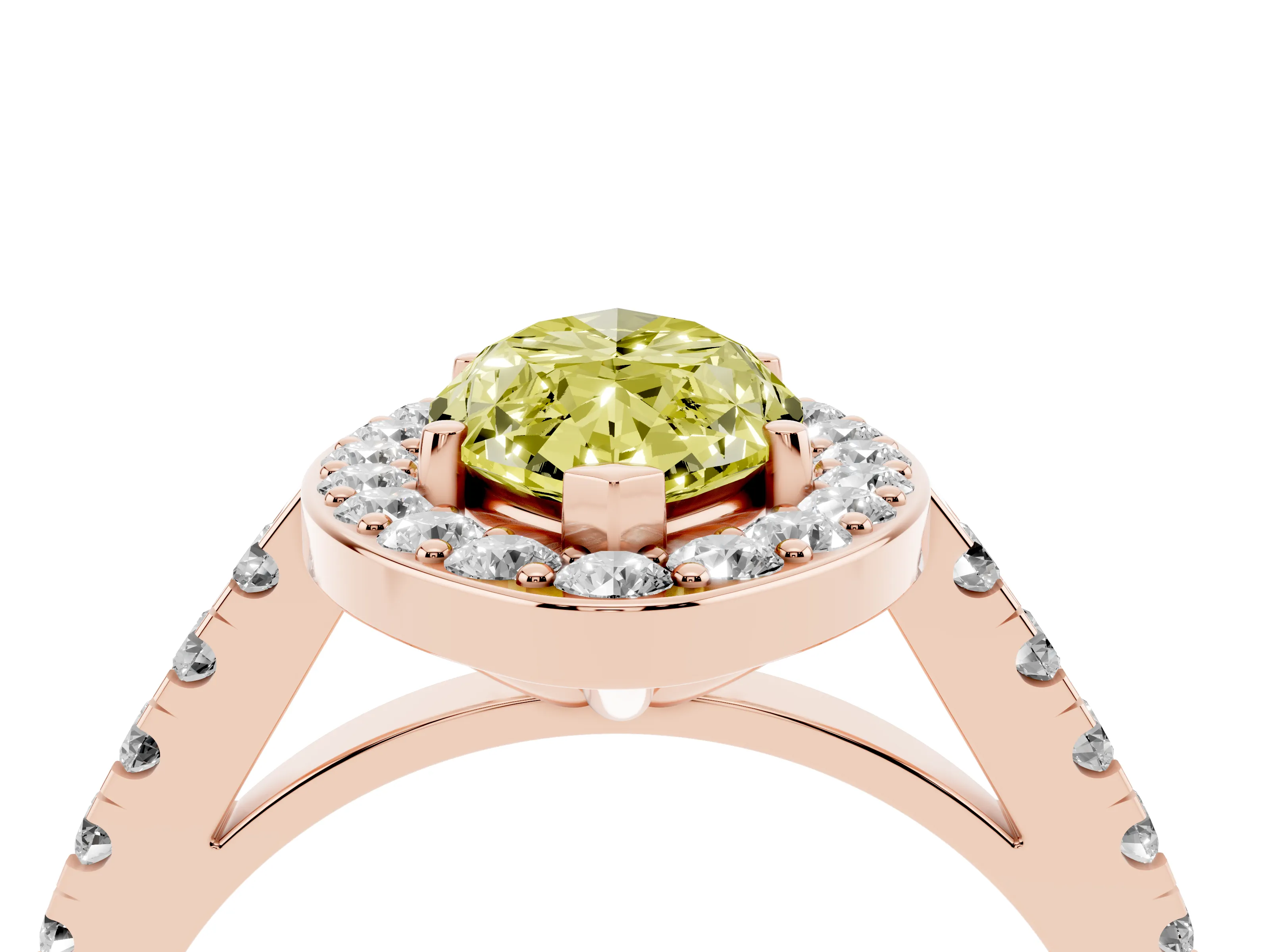Fancy Yellow Marquise Cut Diamond Halo Ring Set in Rose gold with Round Pavé Split Shank and Prong Setting