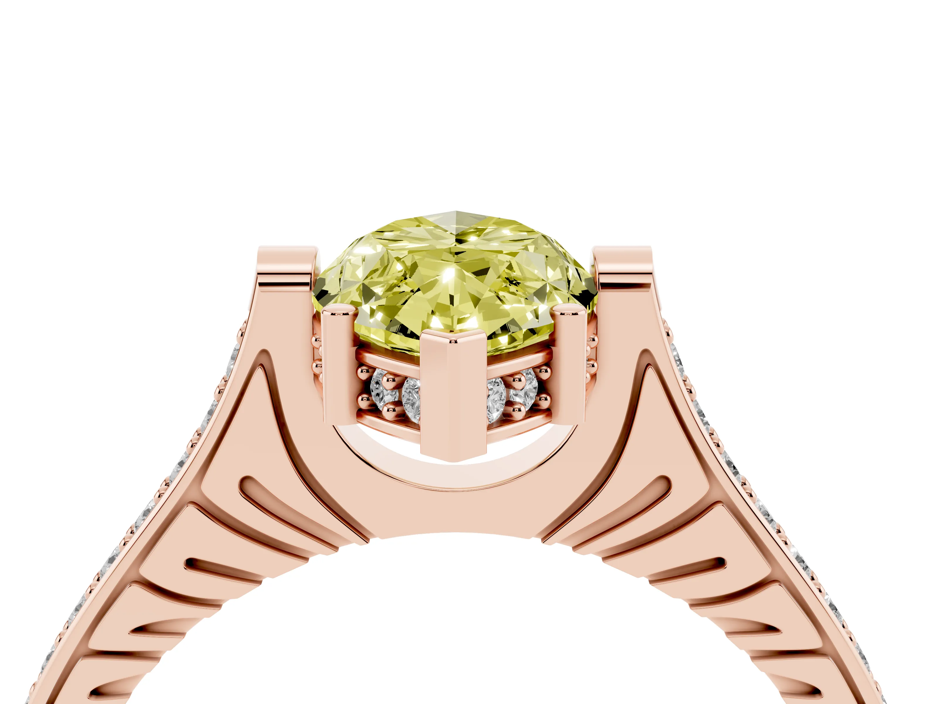 Fancy Yellow Marquise Cut Diamond Solitaire Ring Set in Rose gold with Channel Set Band and Bezel Prong Setting