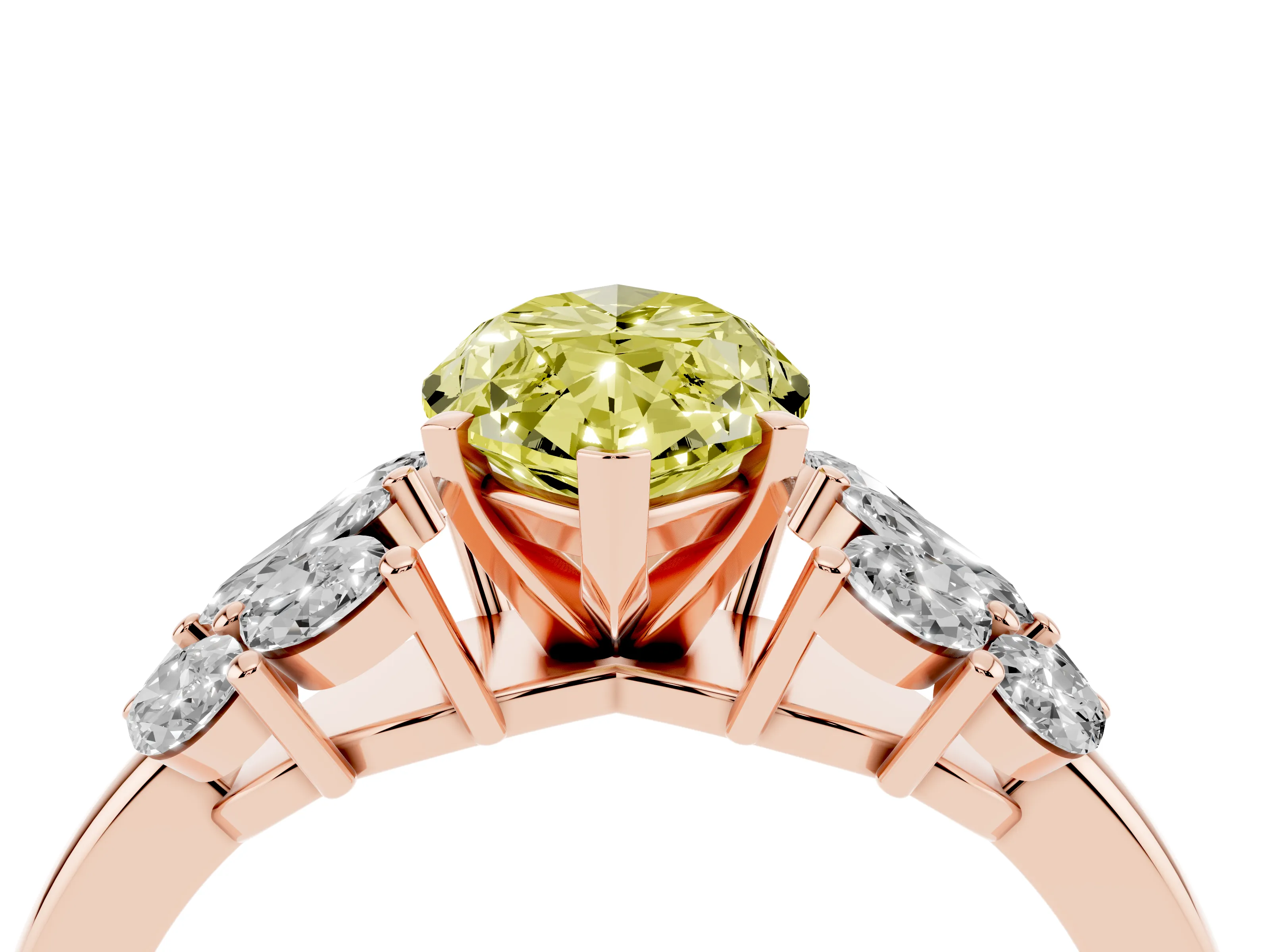 Fancy Yellow Marquise Cut Diamond Cluster Leaf Design Ring Set in Rose gold with Prong Setting
