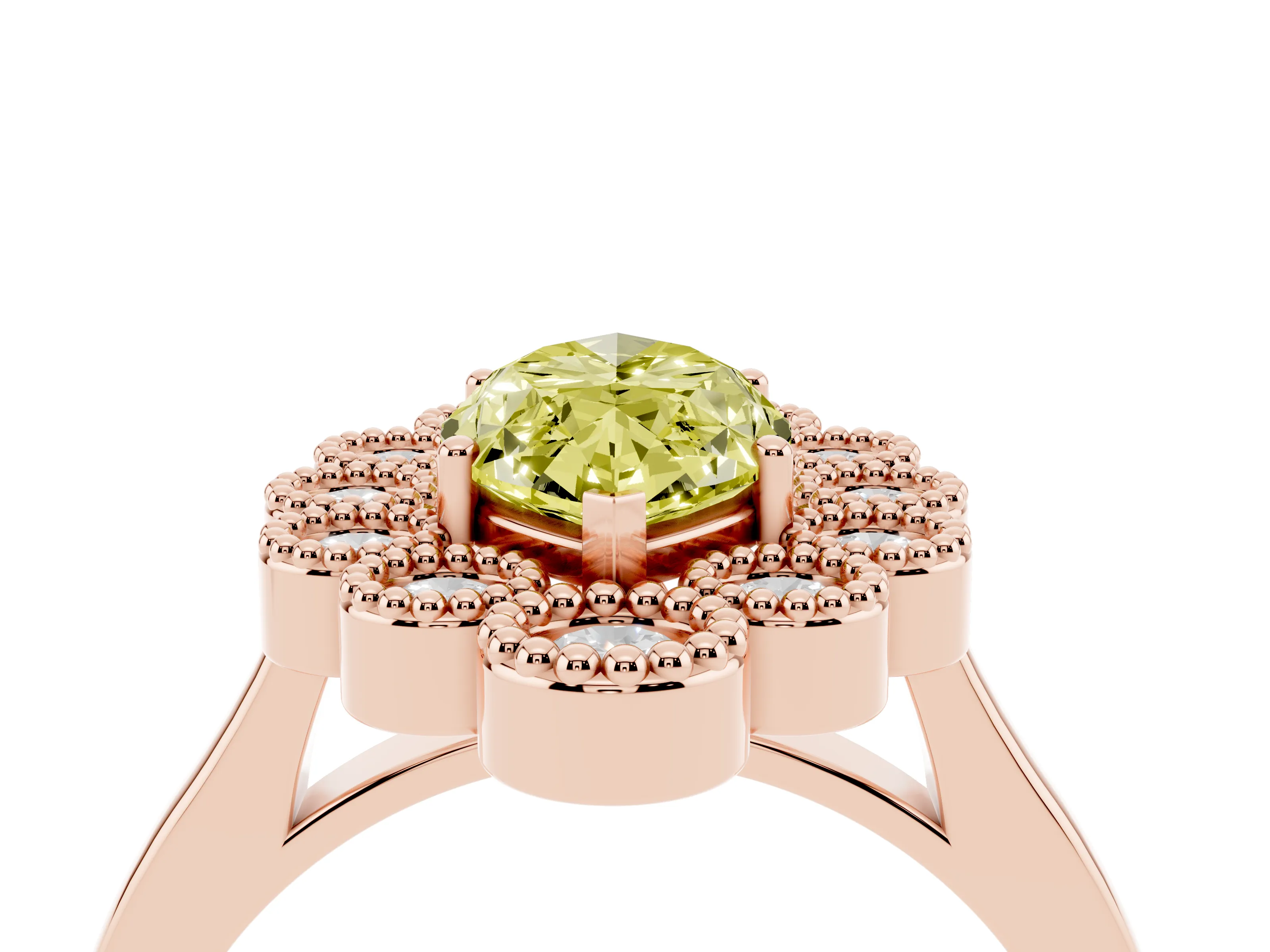 Fancy Yellow Marquise Cut Diamond Cluster Halo Ring Set in Rose gold with Milgrain Bezel Accents and Plain Band