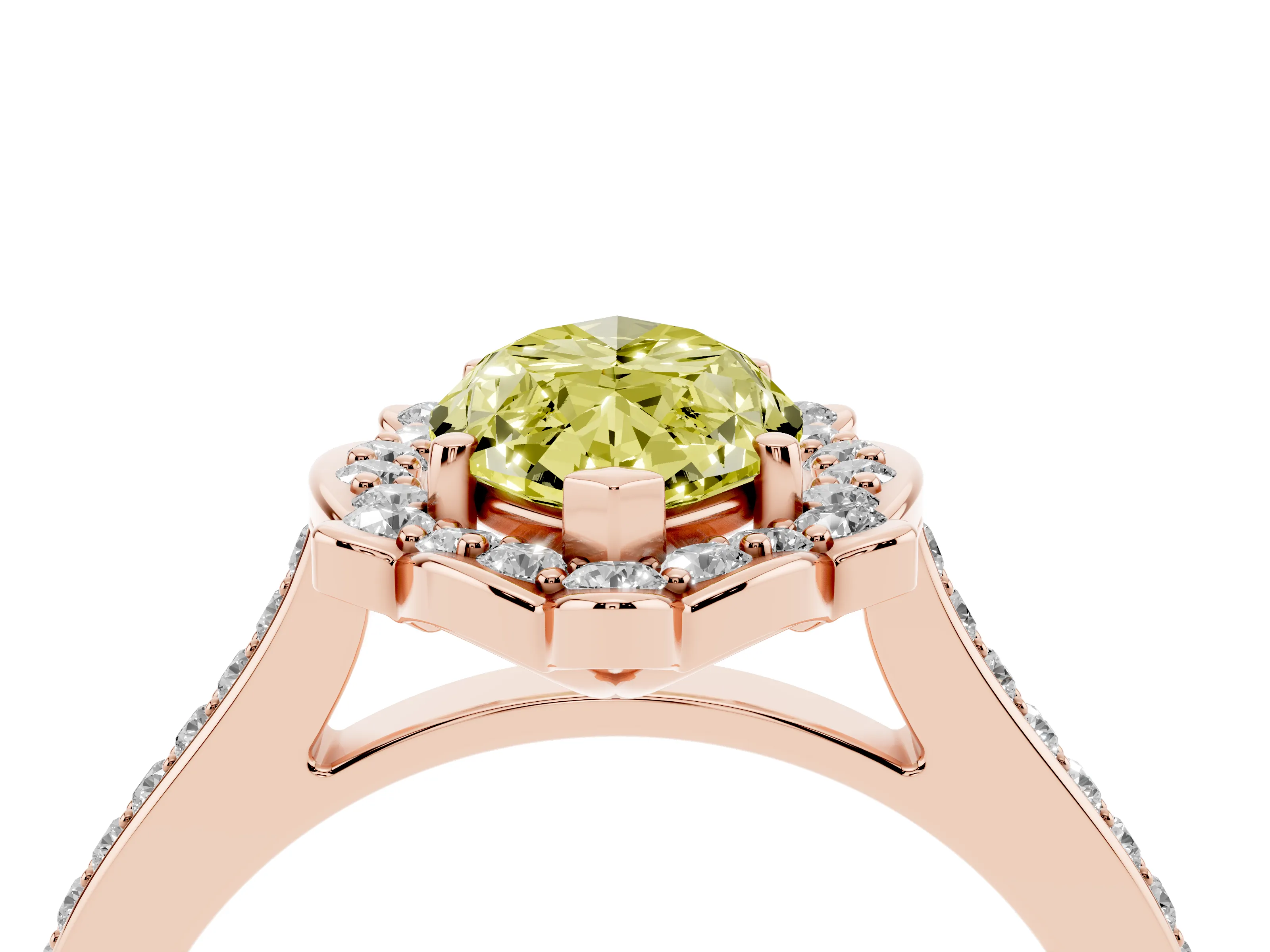 Fancy Yellow Marquise Cut Diamond Halo Ring Set in Rose gold with Pavé-Lined Shoulders and Prong Setting