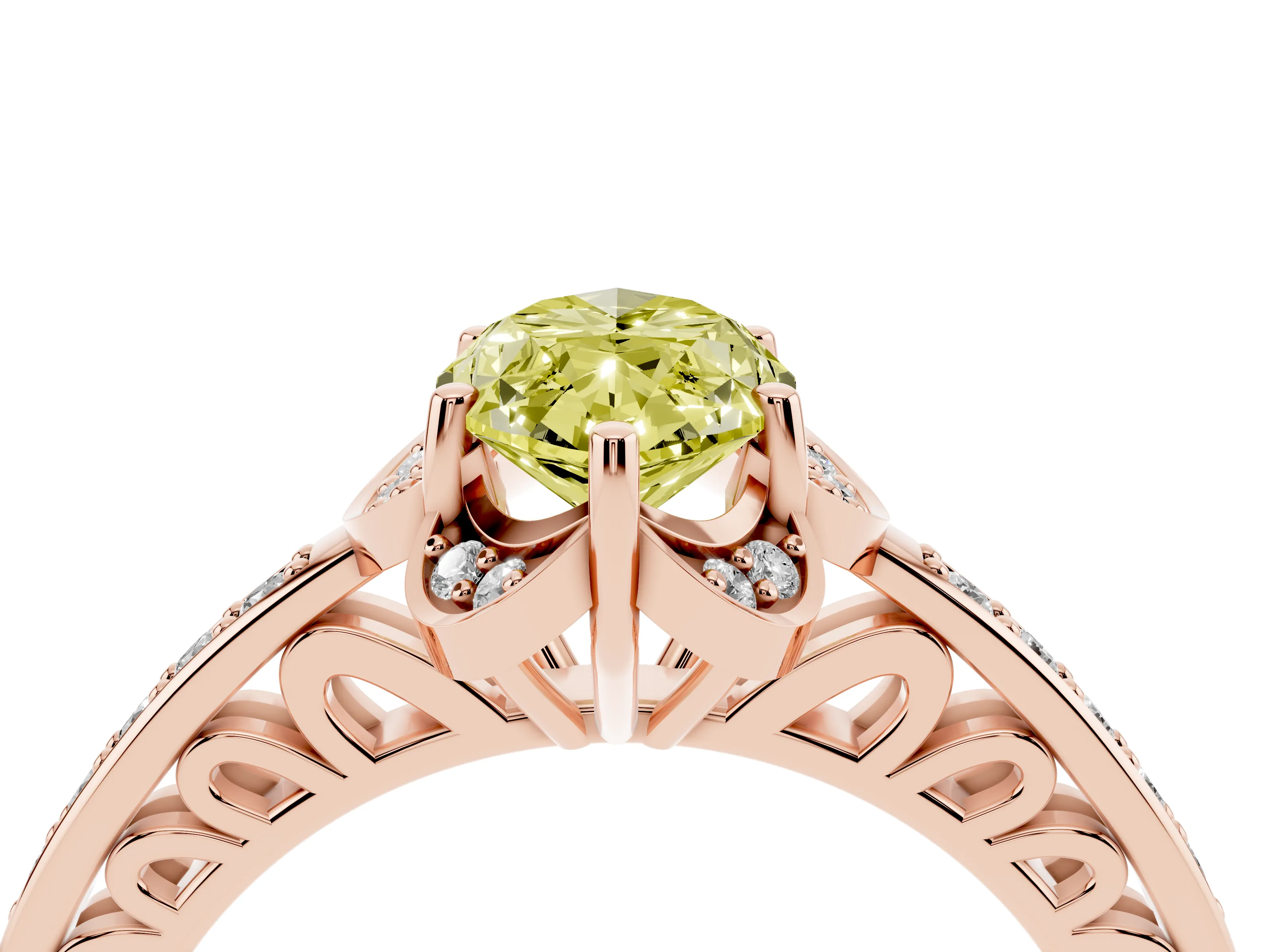 Fancy Yellow Marquise Cut Diamond Halo Ring Set in Rose gold with Channel Set Band and Prong Setting