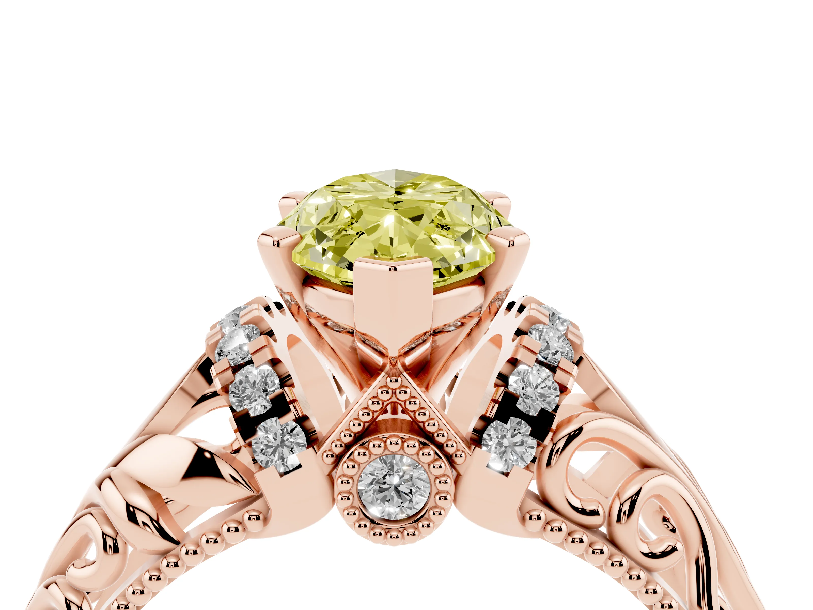 Fancy Yellow Marquise Cut Diamond Filigree Halo Engagement Ring Set in Rose gold with Prong Setting