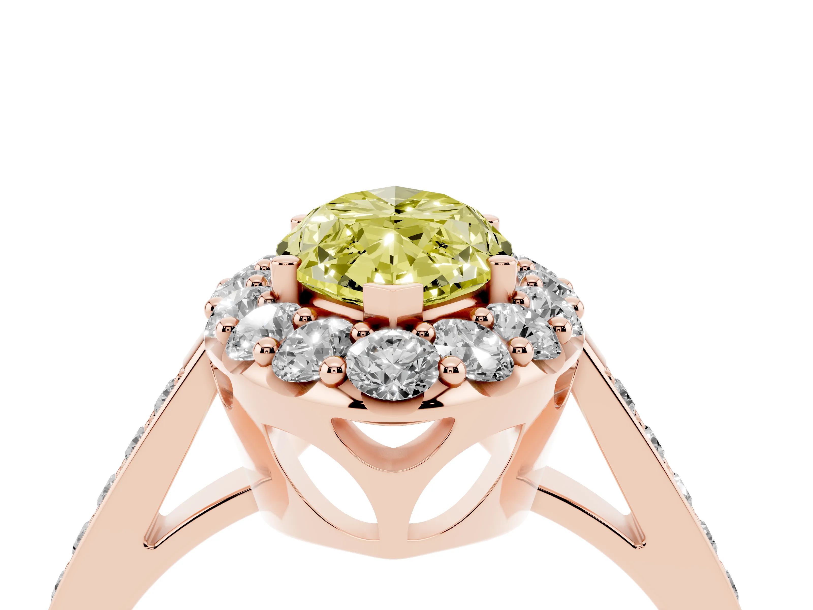 Fancy Yellow Marquise Cut Diamond Floral Halo Ring Set in Rose gold with Pavé Band and Prong Setting