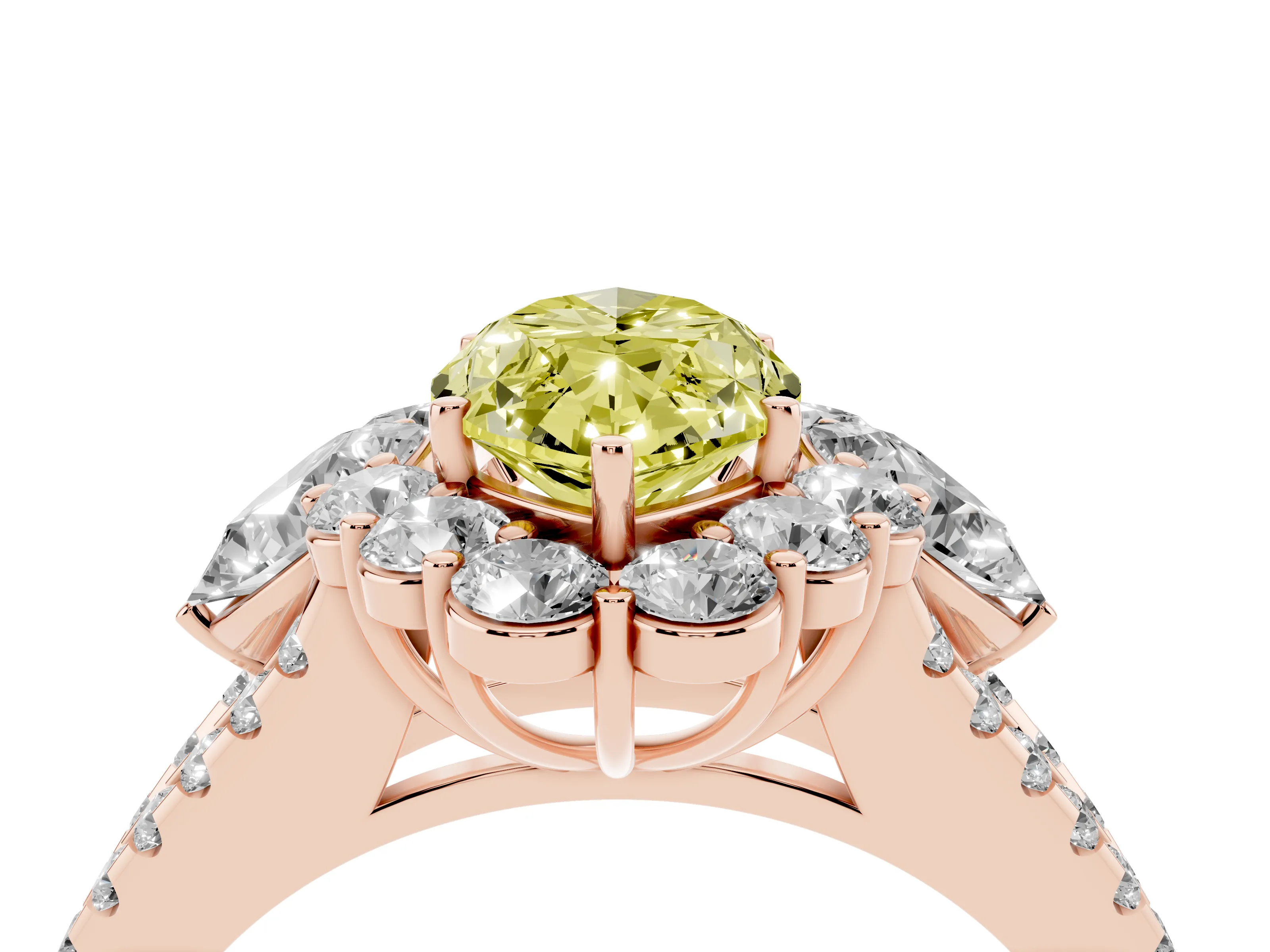 Fancy Yellow Marquise Cut Diamond Halo Split Shank Engagement Ring Set in Rose gold with Prong-Held Center Stone