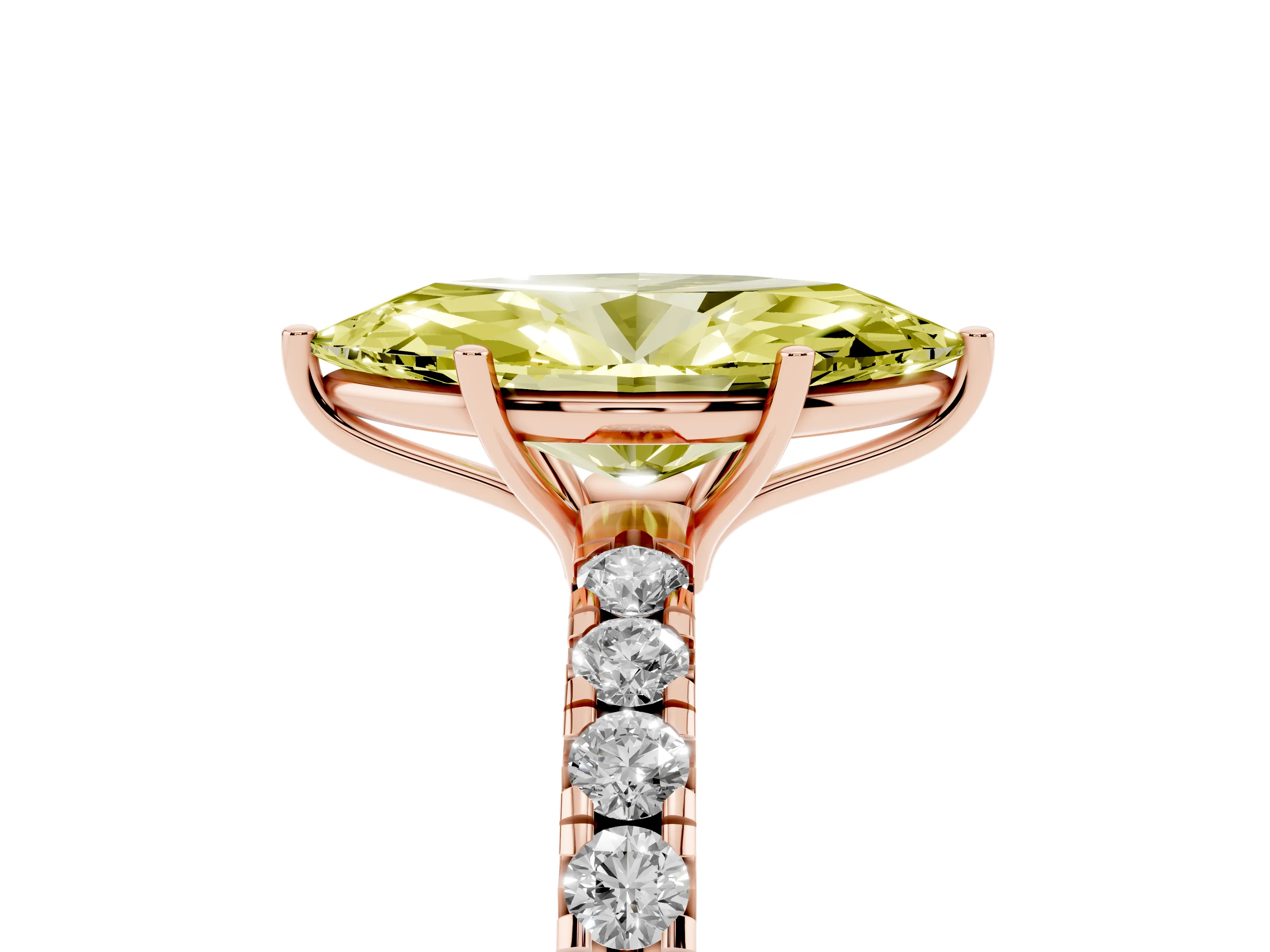 Fancy Yellow Marquise Cut Diamond Pavé Solitaire Engagement Ring Set in Rose gold with Prong Setting