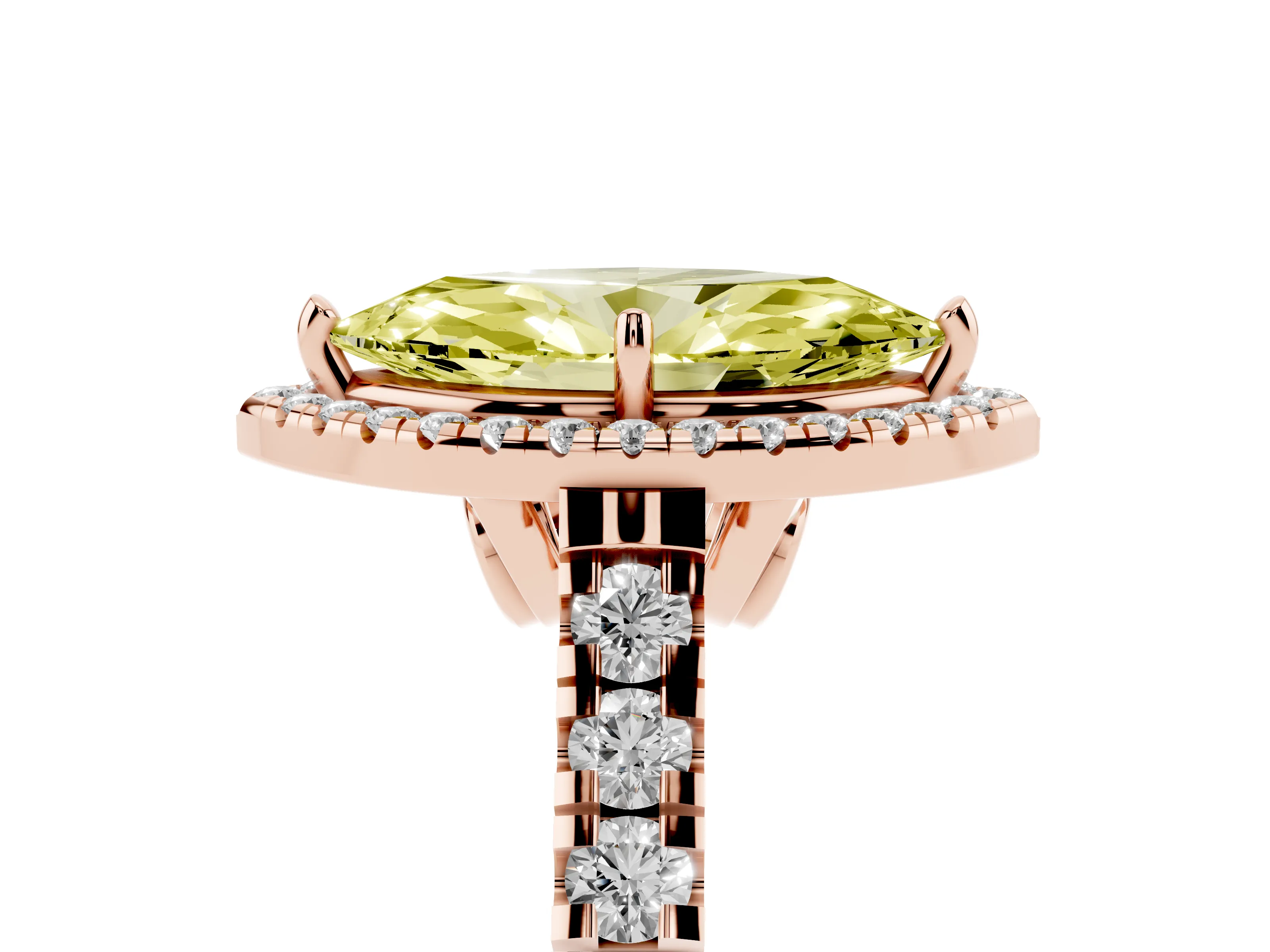Fancy Yellow Marquise Cut Diamond Halo Engagement Ring Set in Rose gold with Pavé Band and Prong-Set Center