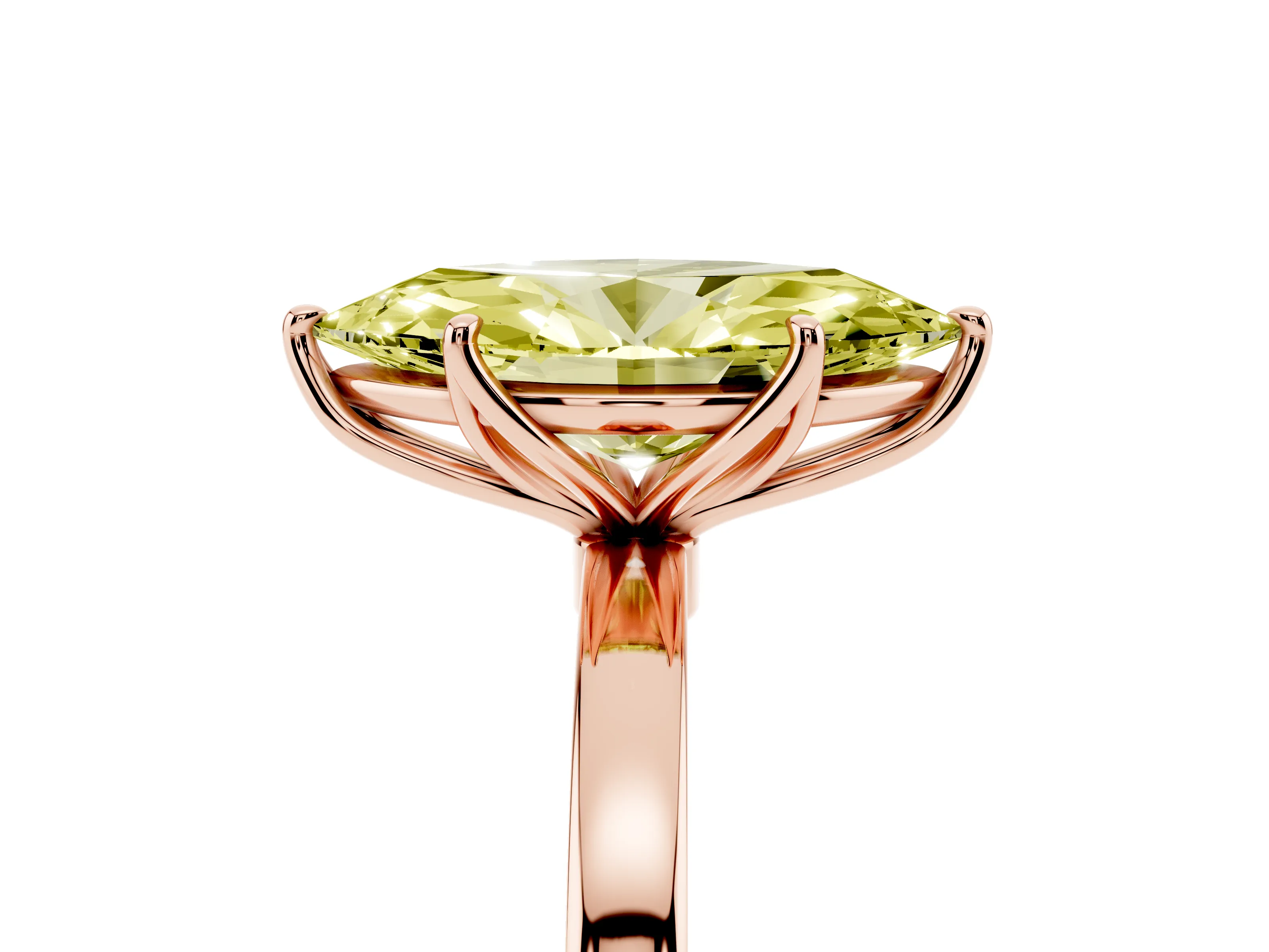 Fancy Yellow Marquise Cut Diamond Solitaire Ring Set in Rose gold with Prong Setting and Thin Polished Band