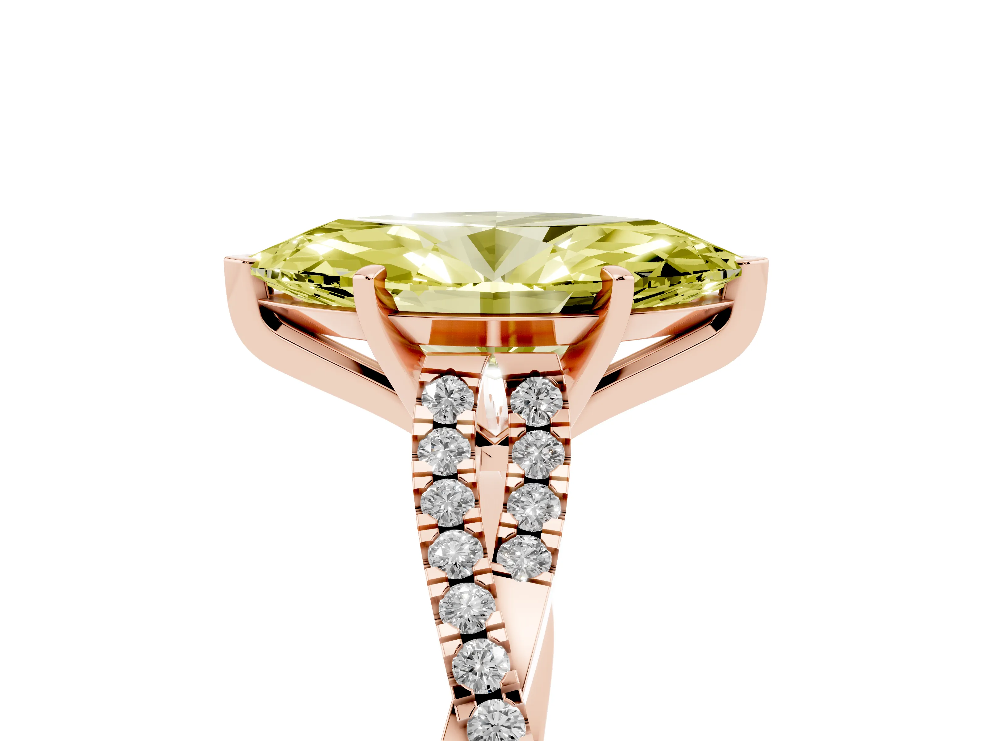 Fancy Yellow Marquise Cut Diamond Solitaire Engagement Ring Set in Rose gold with Twisted Pavé Band and Prong Setting