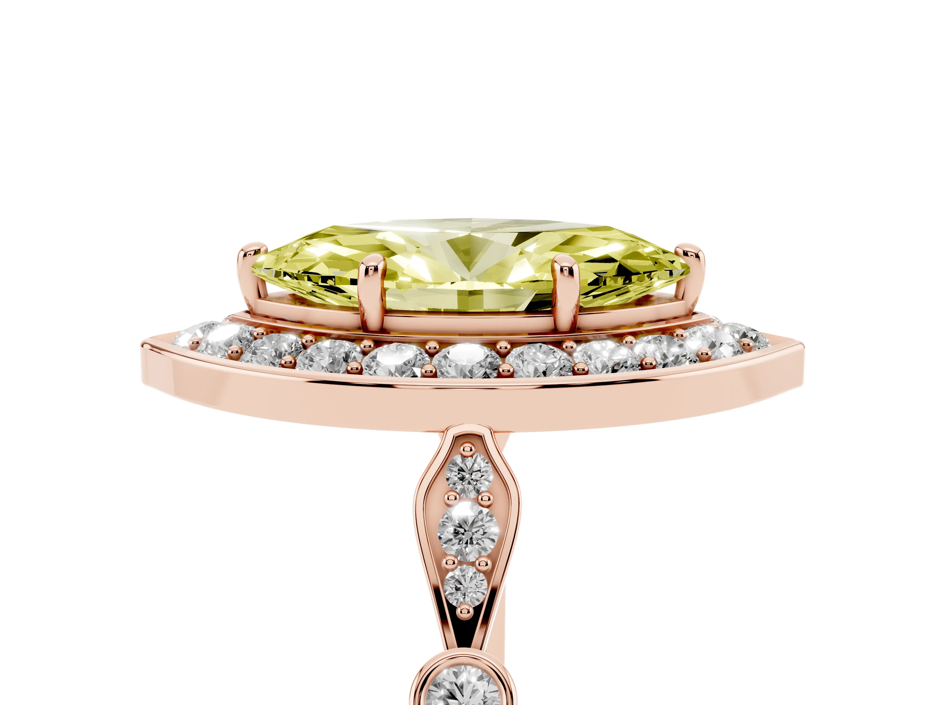 Fancy Yellow Marquise Cut Diamond Halo Engagement Ring Set in Rose gold with Twisted Band and Prong Setting