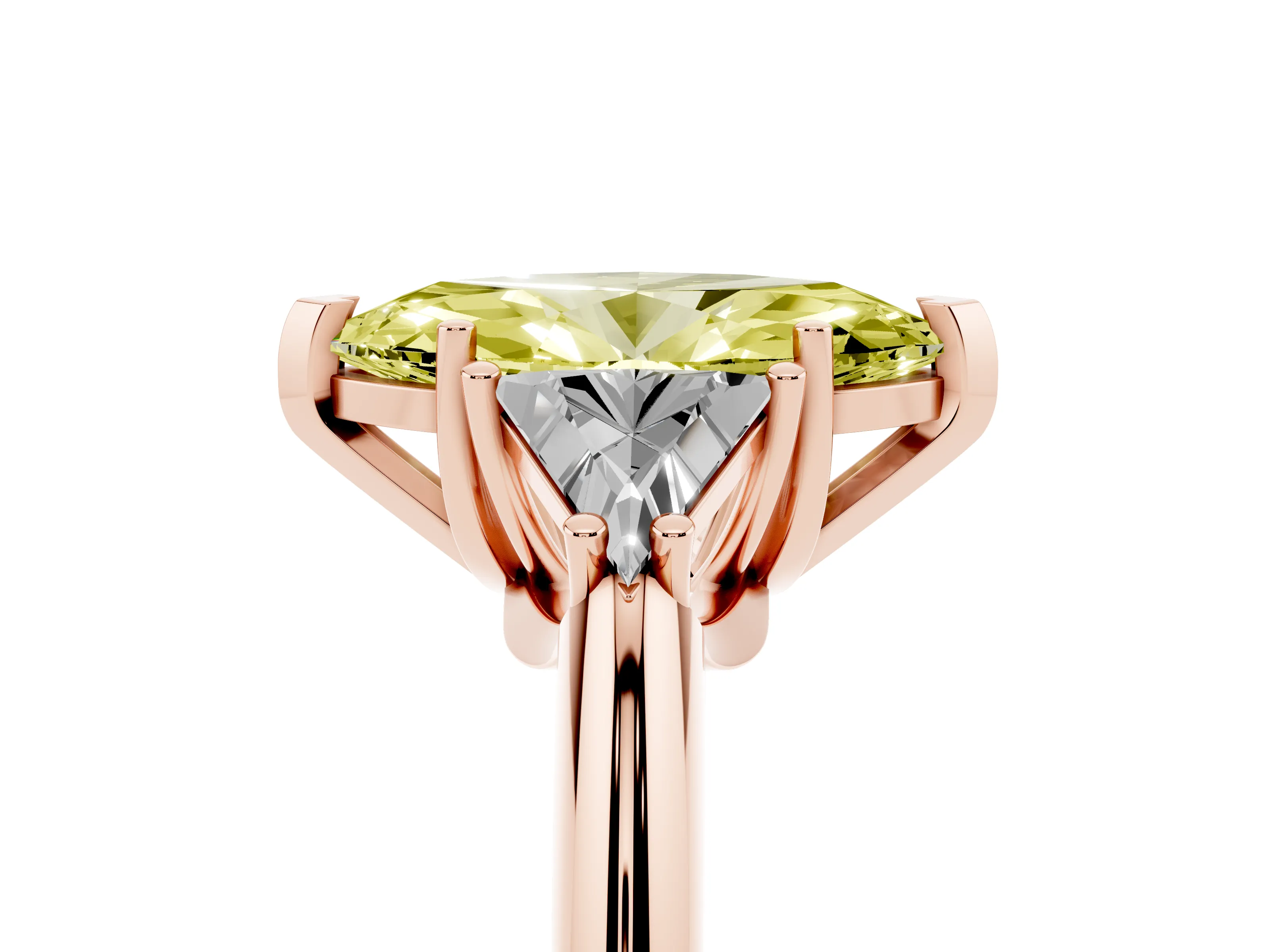 Fancy Yellow Marquise Cut Diamond Three-Stone Engagement Ring Set in Rose gold with Trillion Side Stones