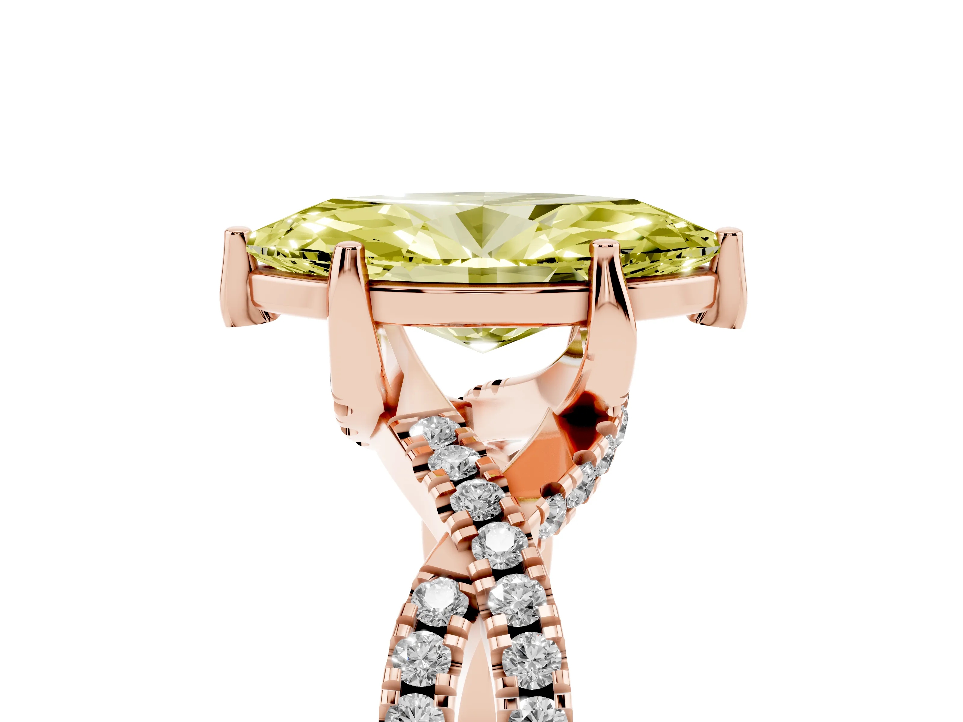 Fancy Yellow Marquise Cut Diamond Twist Pavé Solitaire Engagement Ring Set in Rose gold with Prong Setting