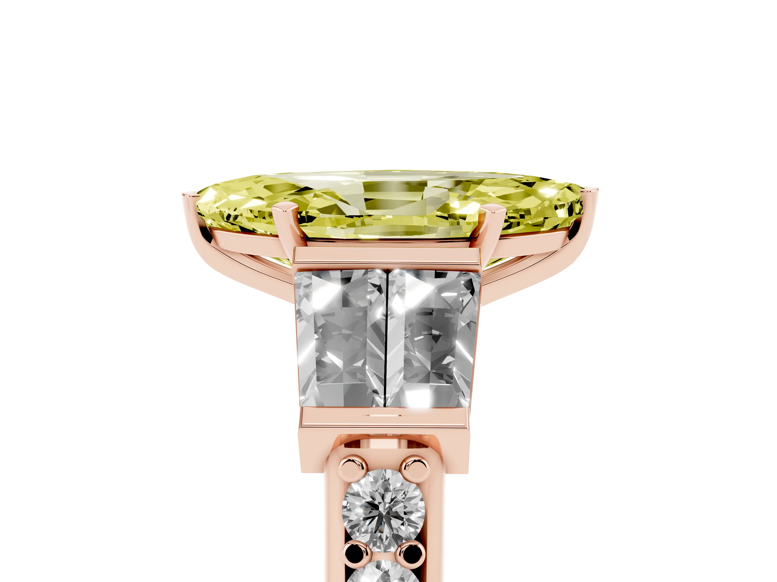 Fancy Yellow Marquise Cut Diamond Engagement Ring Set in Rose gold with Baguette Side Stones and Channel Set Band