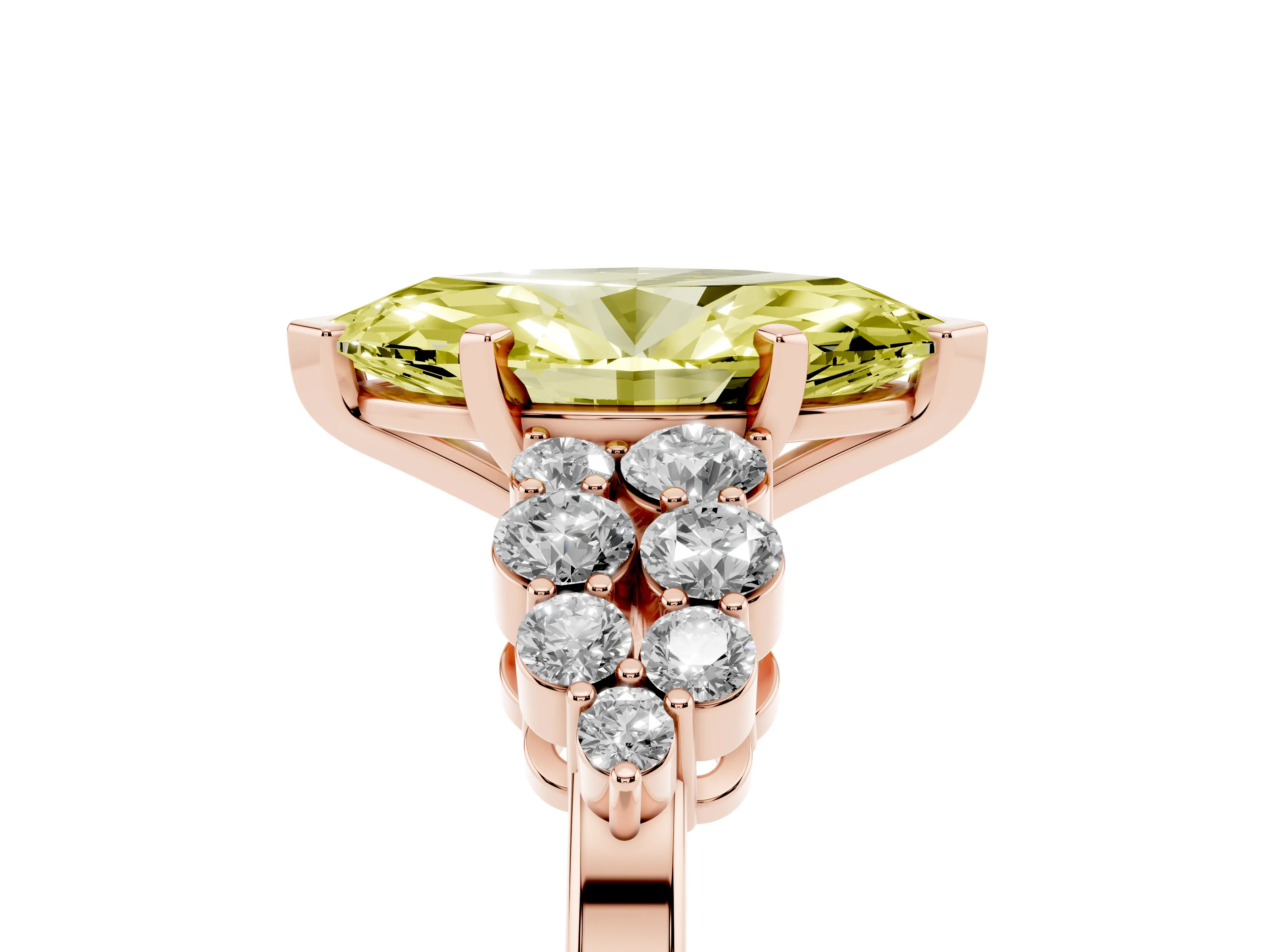 Fancy Yellow Marquise Cut Diamond Cluster Engagement Ring Set in Rose gold with Pavé Band and Prong Setting