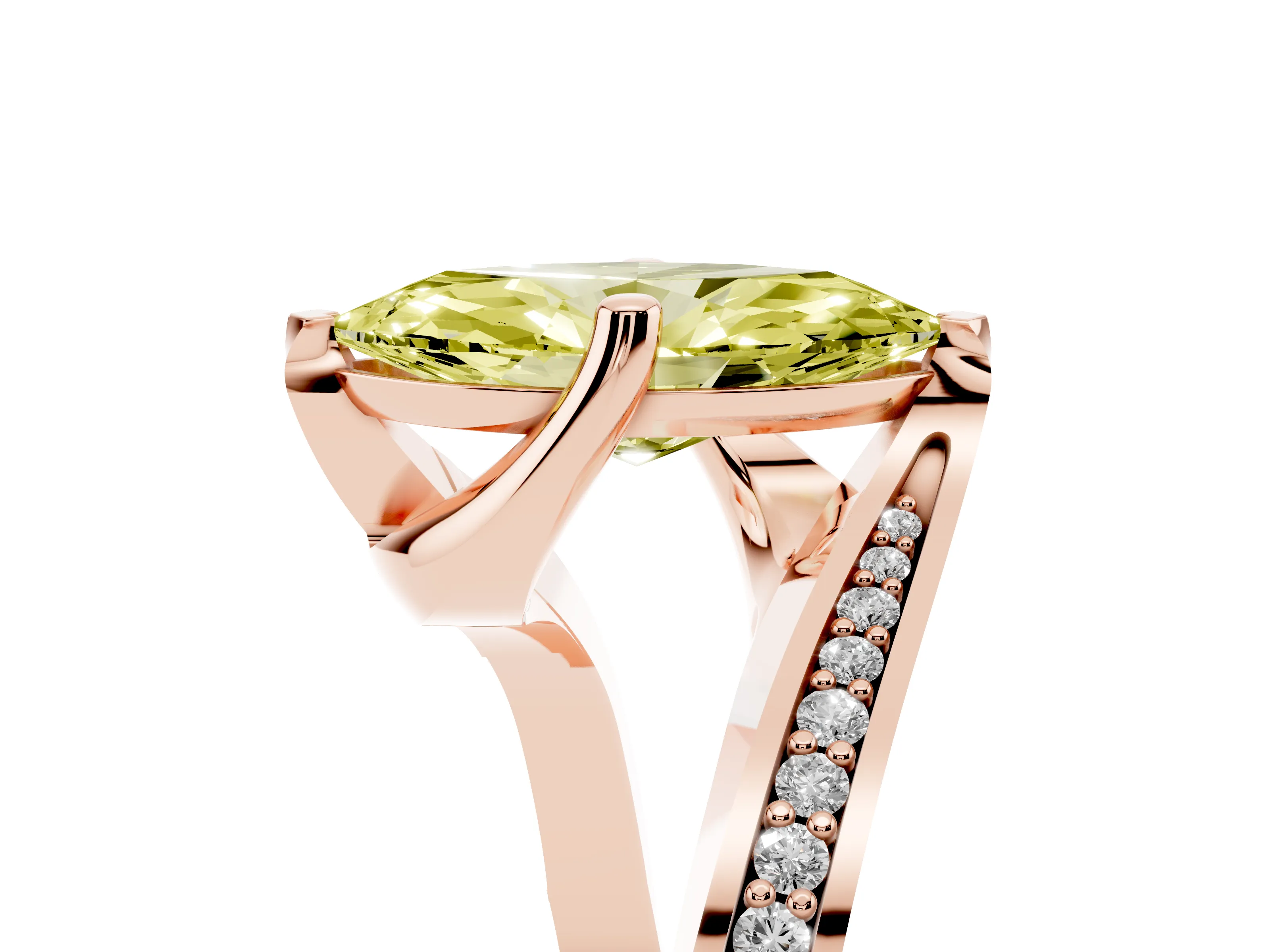 Fancy Yellow Marquise Cut Diamond Solitaire Ring Set in Rose gold with Intertwined Pavé Twist Band