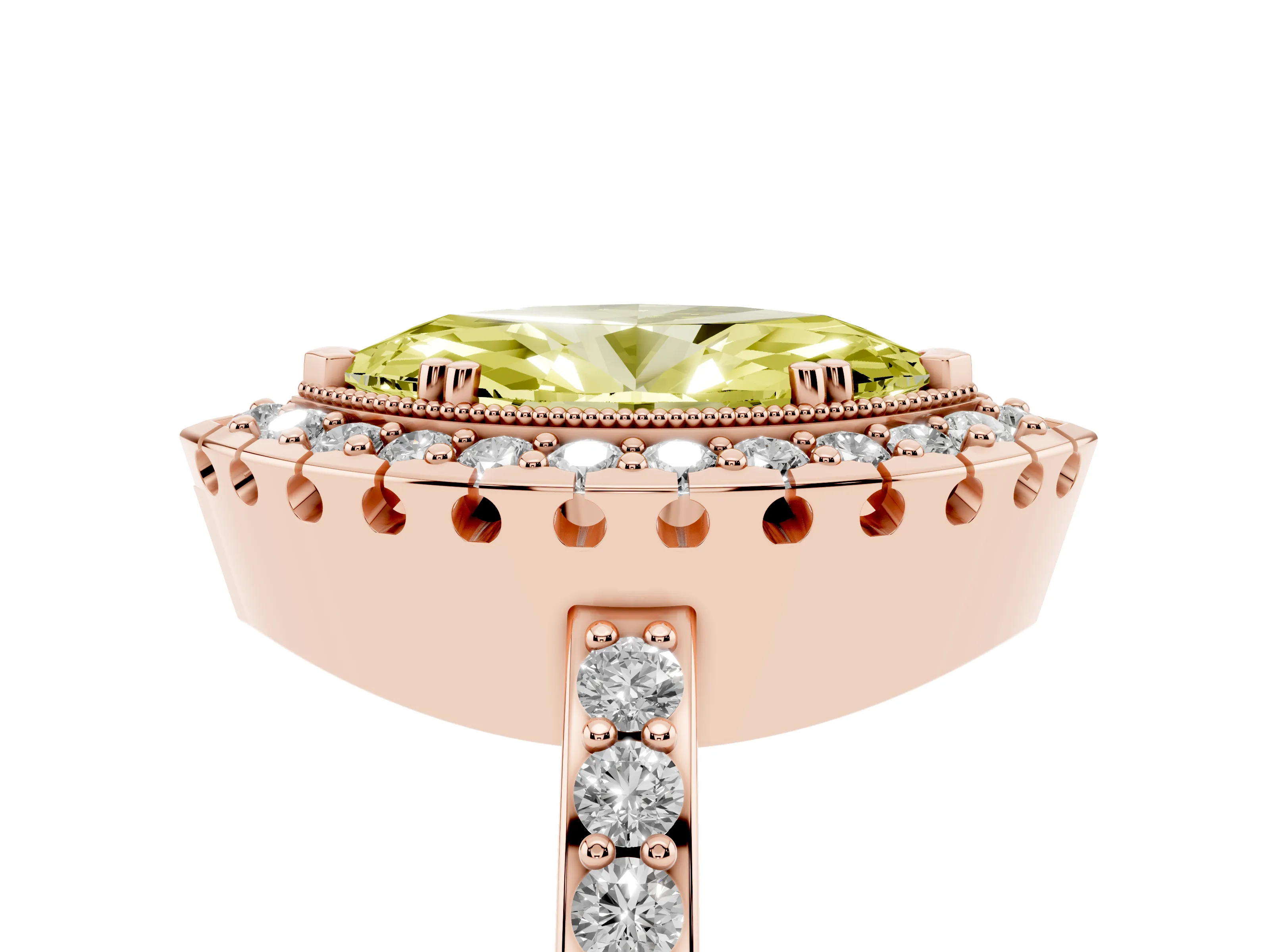 Fancy Yellow Marquise Cut Diamond Halo Ring Set in Rose gold with Pavé Shank and Prong Setting