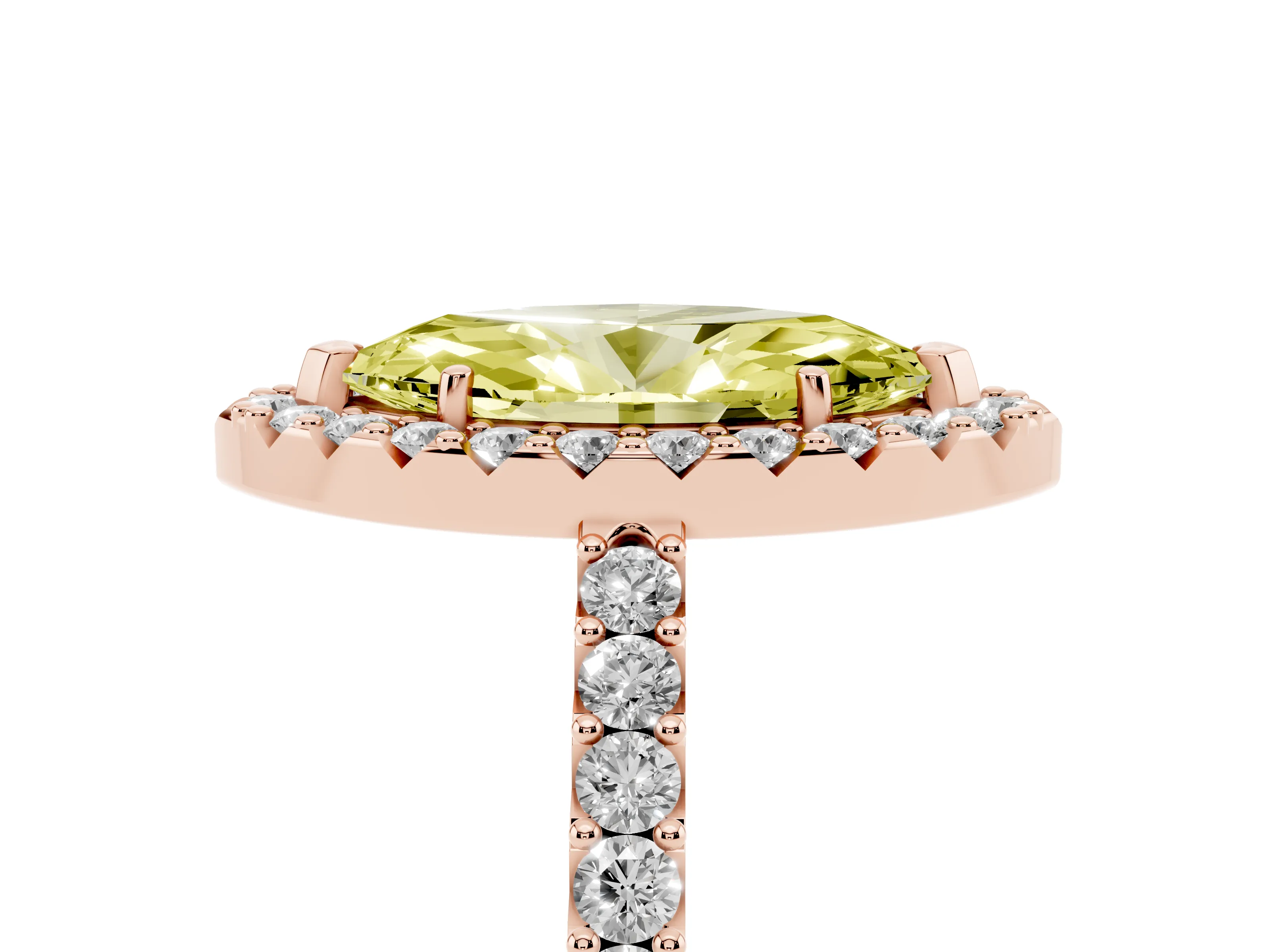 Fancy Yellow Marquise Cut Diamond Halo Pavé Solitaire Ring Set in Rose gold with Prong-Set Center Stone