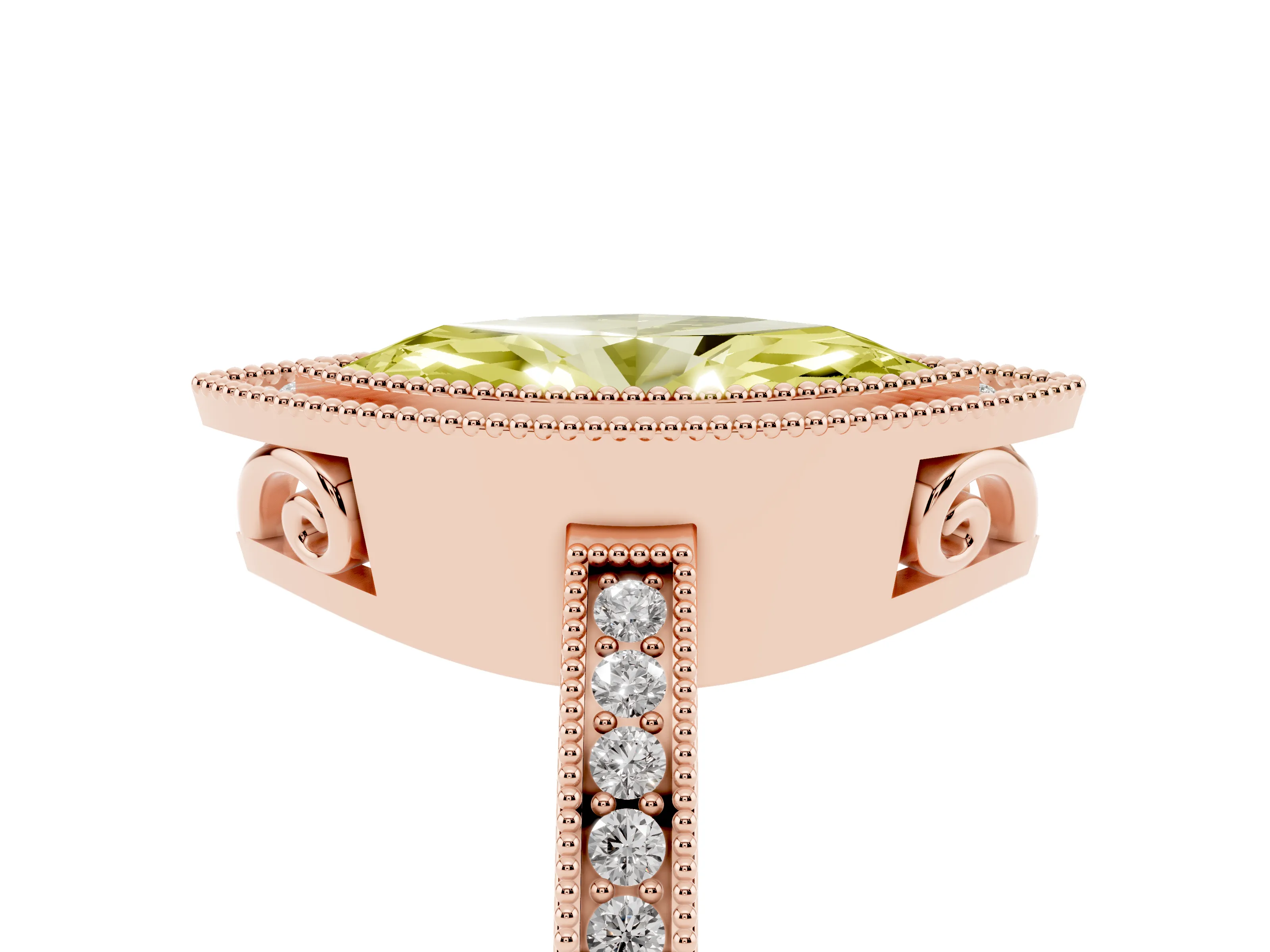 Fancy Yellow Marquise Cut Diamond Halo Ring Set in Rose gold with Pavé Band and Milgrain-Edged Prongs