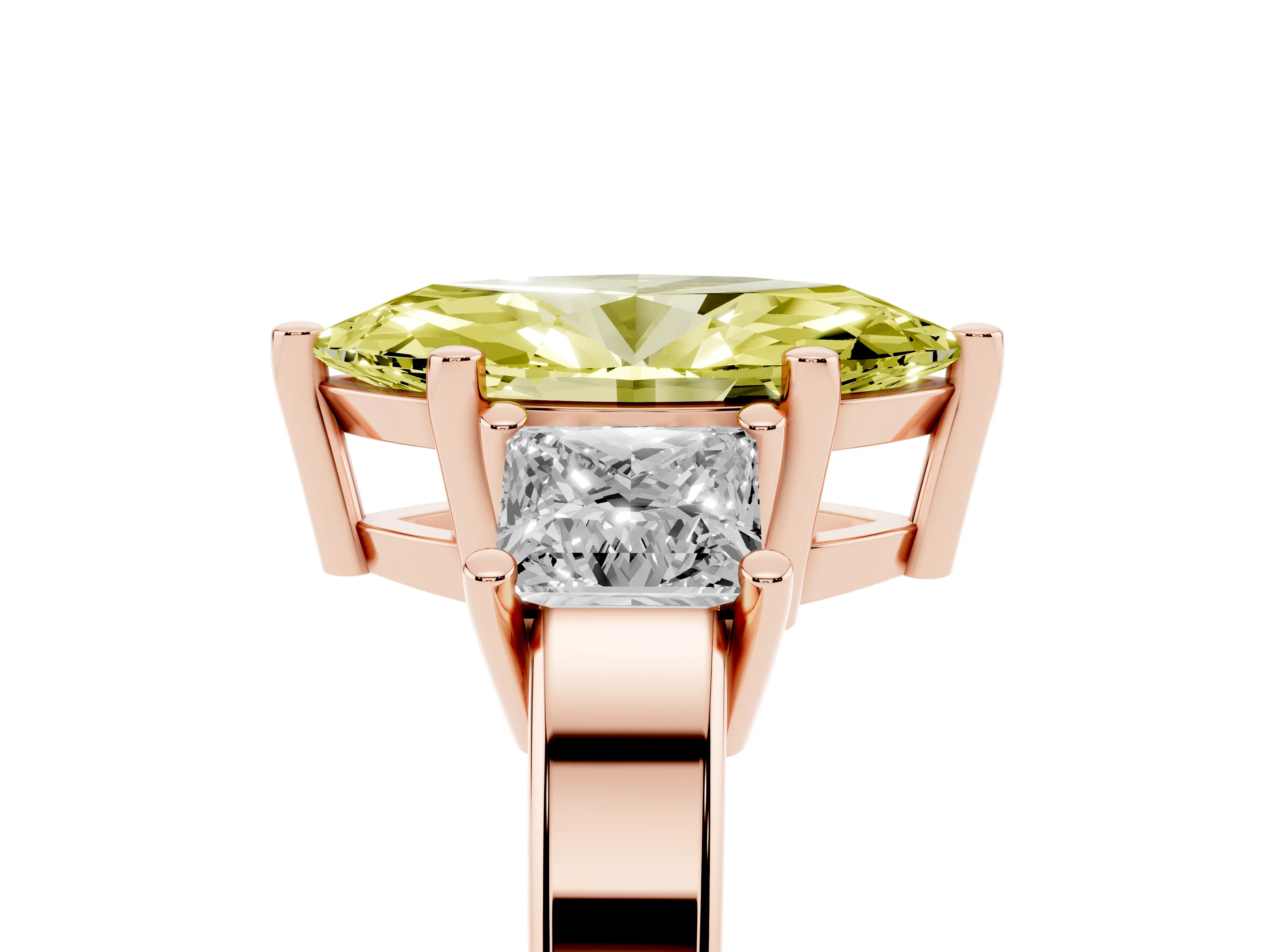Fancy Yellow Three-Stone Marquise Cut Diamond Solitaire Ring Set in Rose gold with Prong Setting