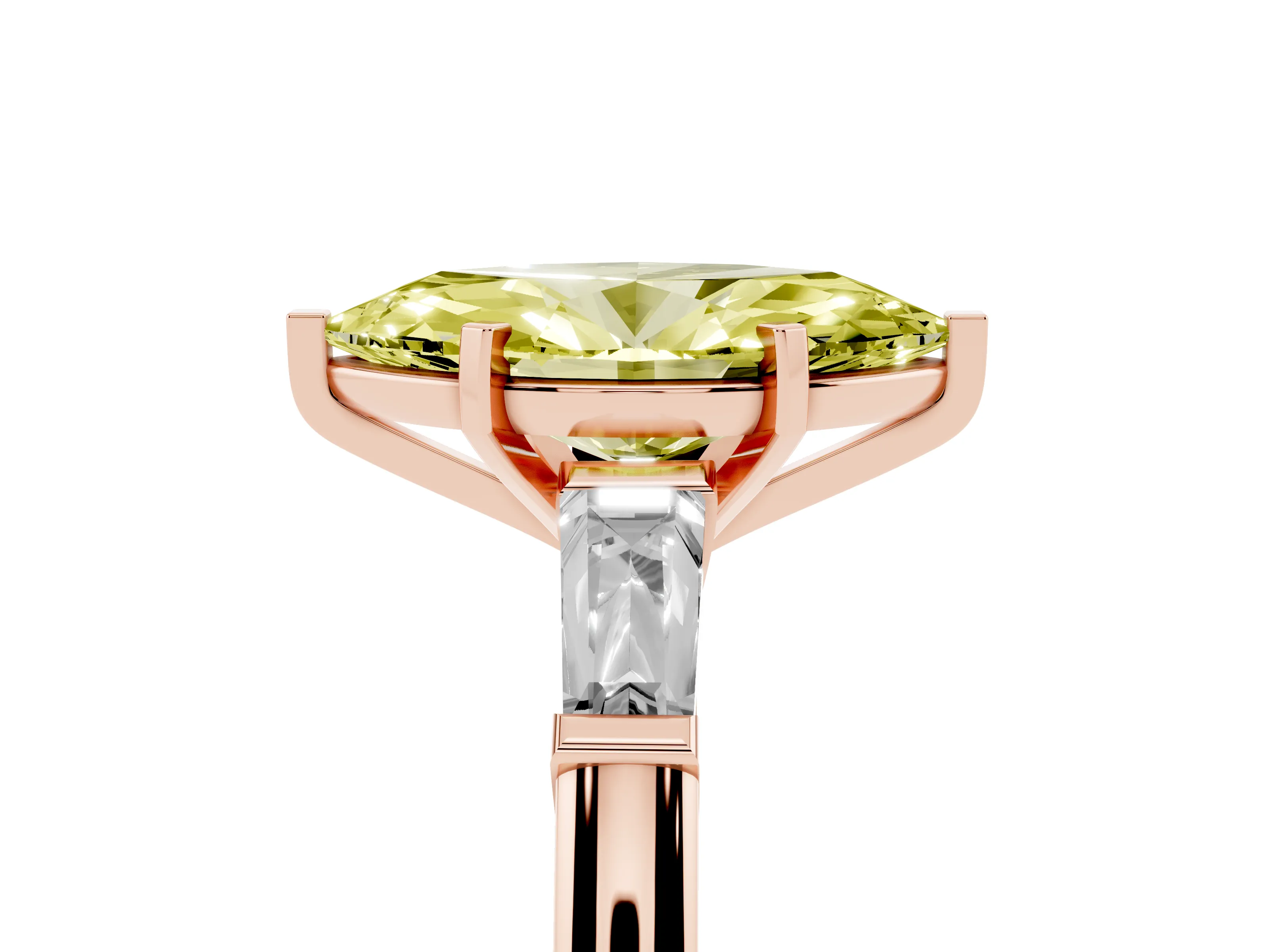 Fancy Yellow Marquise Cut Diamond Solitaire Ring Set in Rose gold with Tapered Baguette Side Stones and Prong Setting