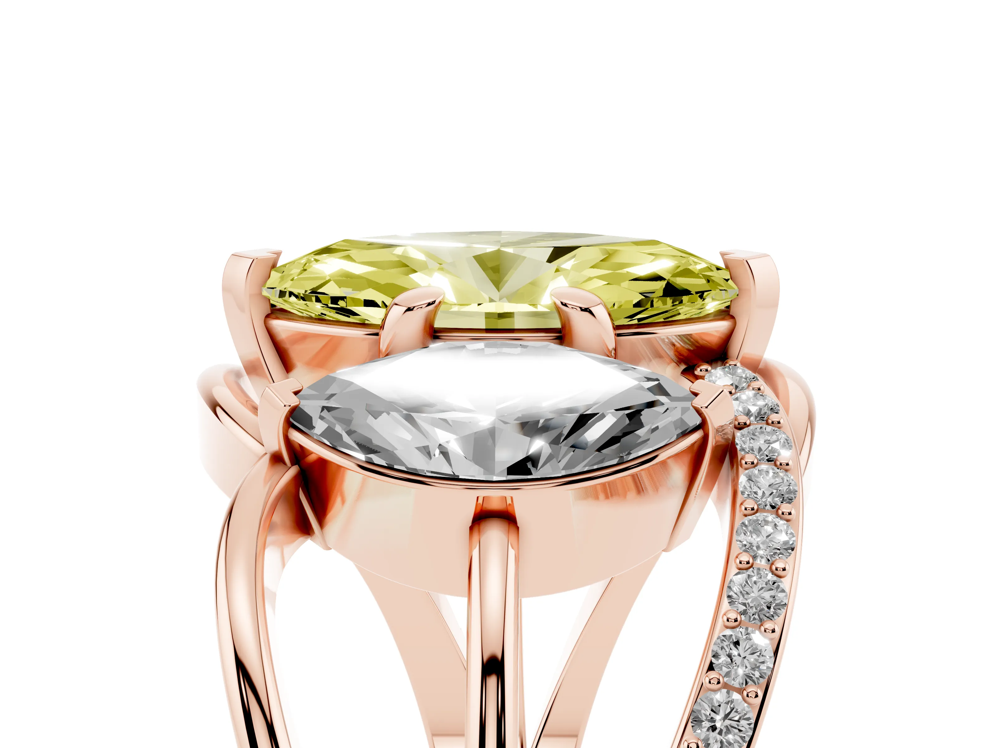 Fancy Yellow Marquise Cut Diamond Three-Stone Ring Set in Rose gold with Split Shank and Prong Setting