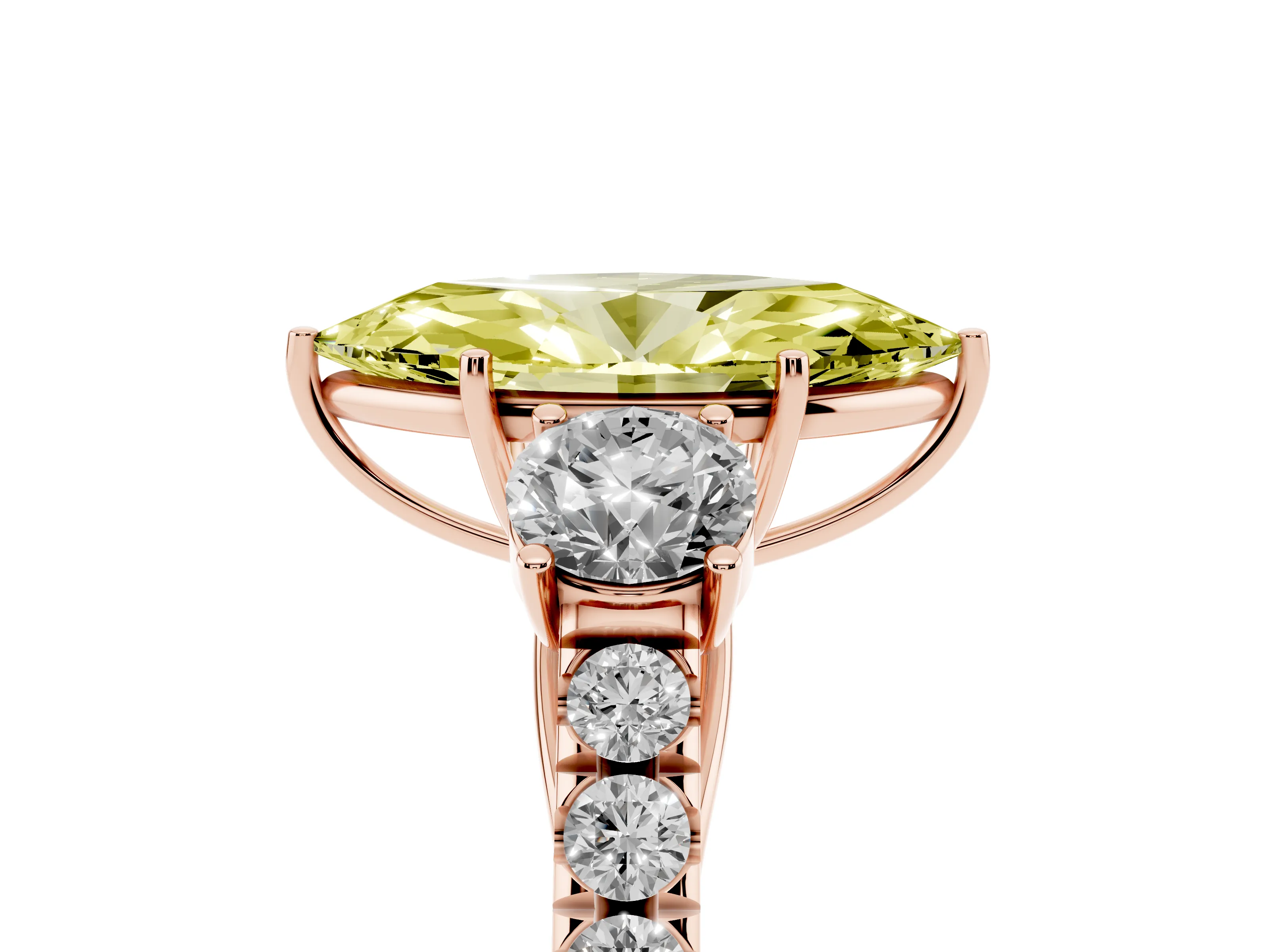 Fancy Yellow Marquise Cut Diamond Three-Stone Ring Set in Rose gold with Round Side Stones and Delicate Pavé Band
