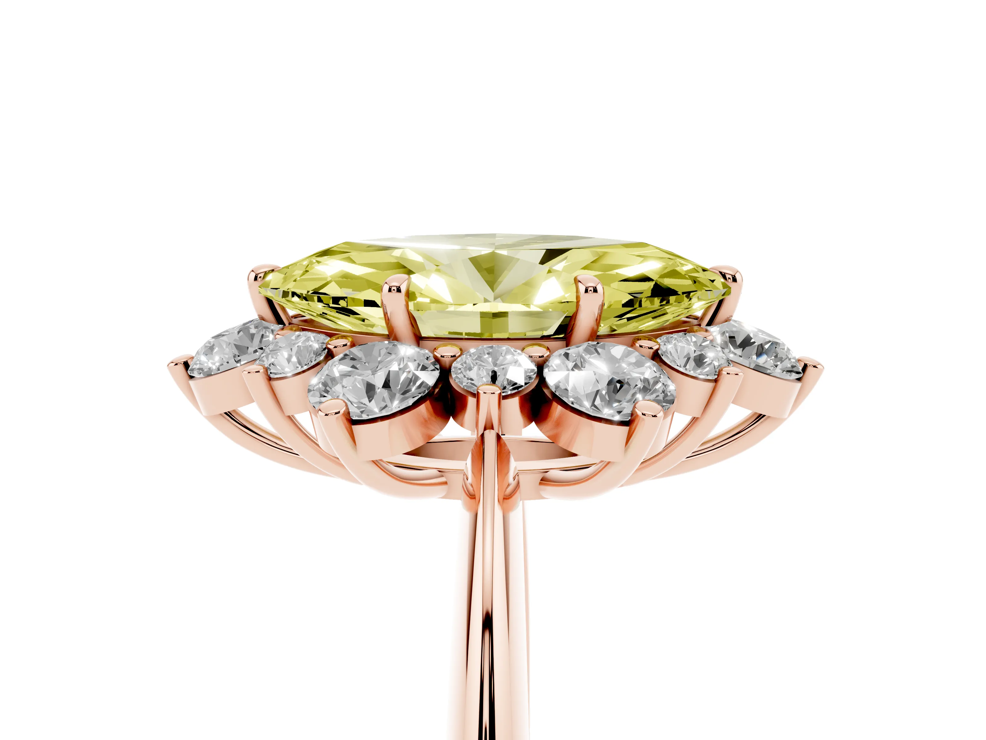 Fancy Yellow Marquise Cut Diamond Cluster Halo Ring Set in Rose gold with Solitaire Band and Prong Setting