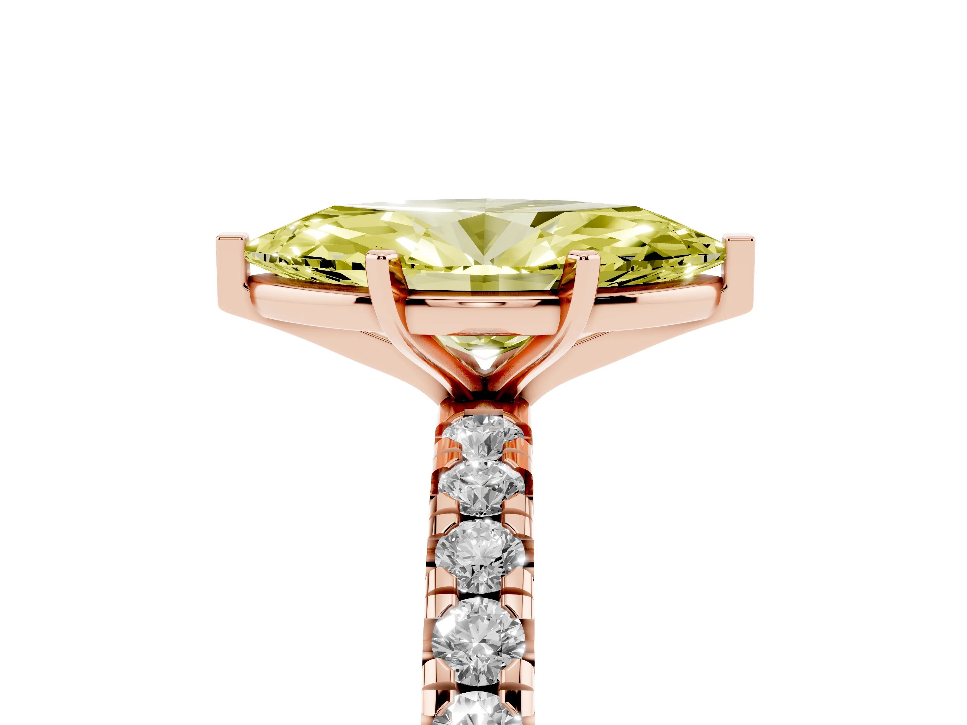 Fancy Yellow Marquise Cut Diamond Pavé Solitaire Ring Set in Rose gold with Round Band and Prong Setting