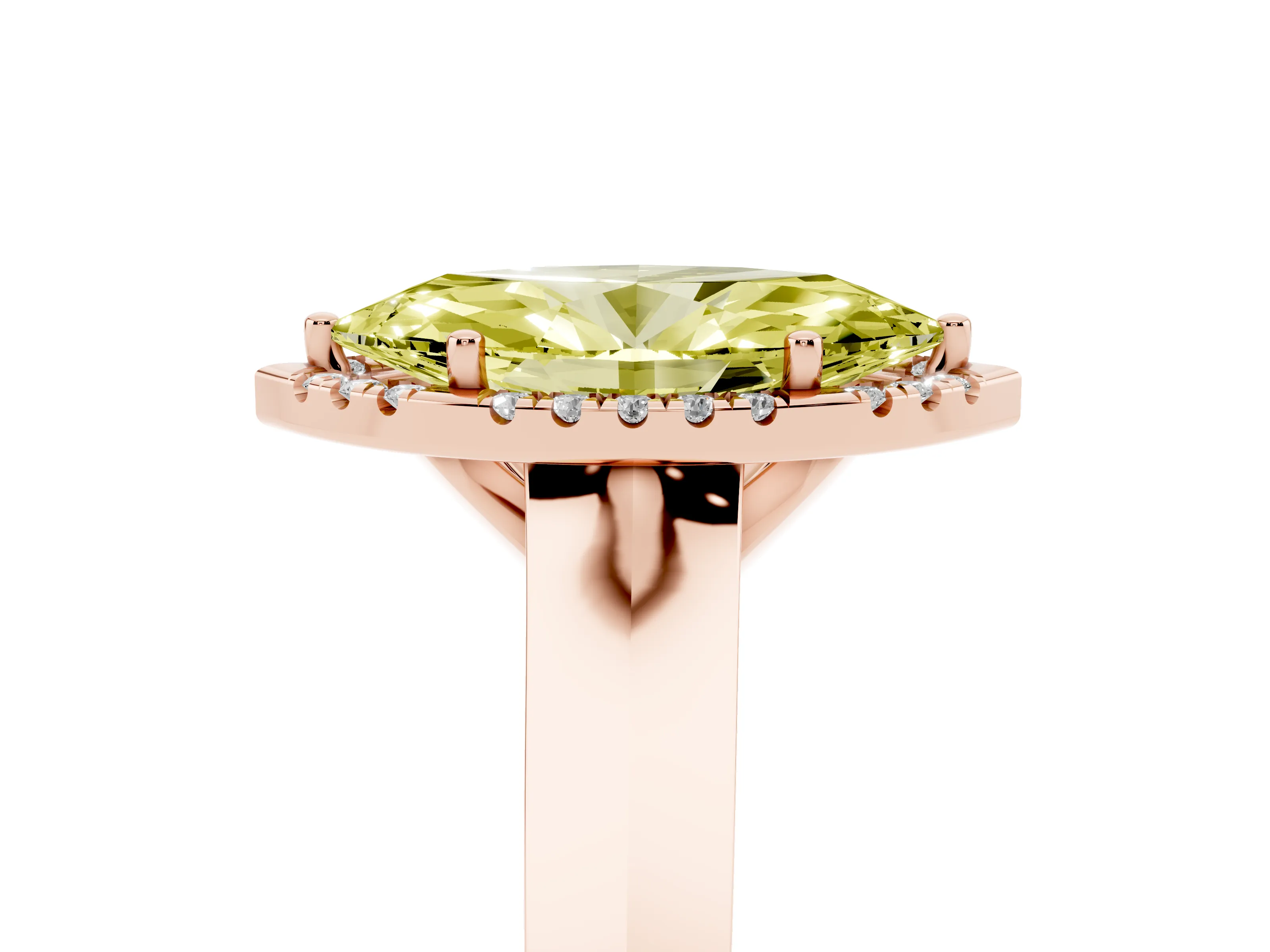 Fancy Yellow Marquise Cut Diamond Halo Ring Set in Rose gold with Cathedral Band and Prong Setting
