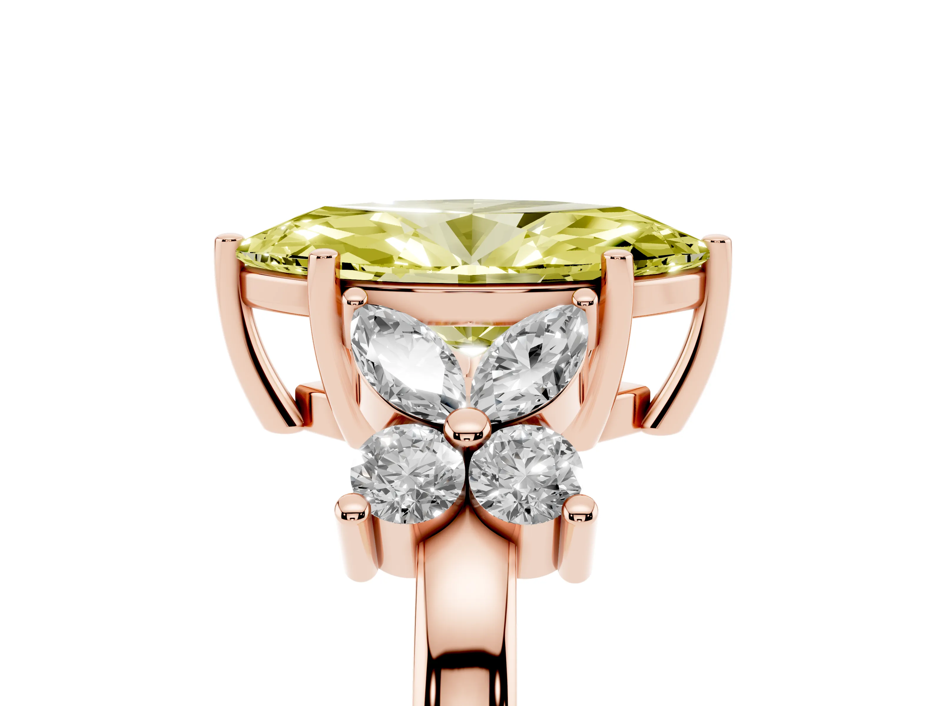 Fancy Yellow Marquise Cut Diamond Floral Cluster Ring Set in Rose gold with Marquise Petals and Prong Setting