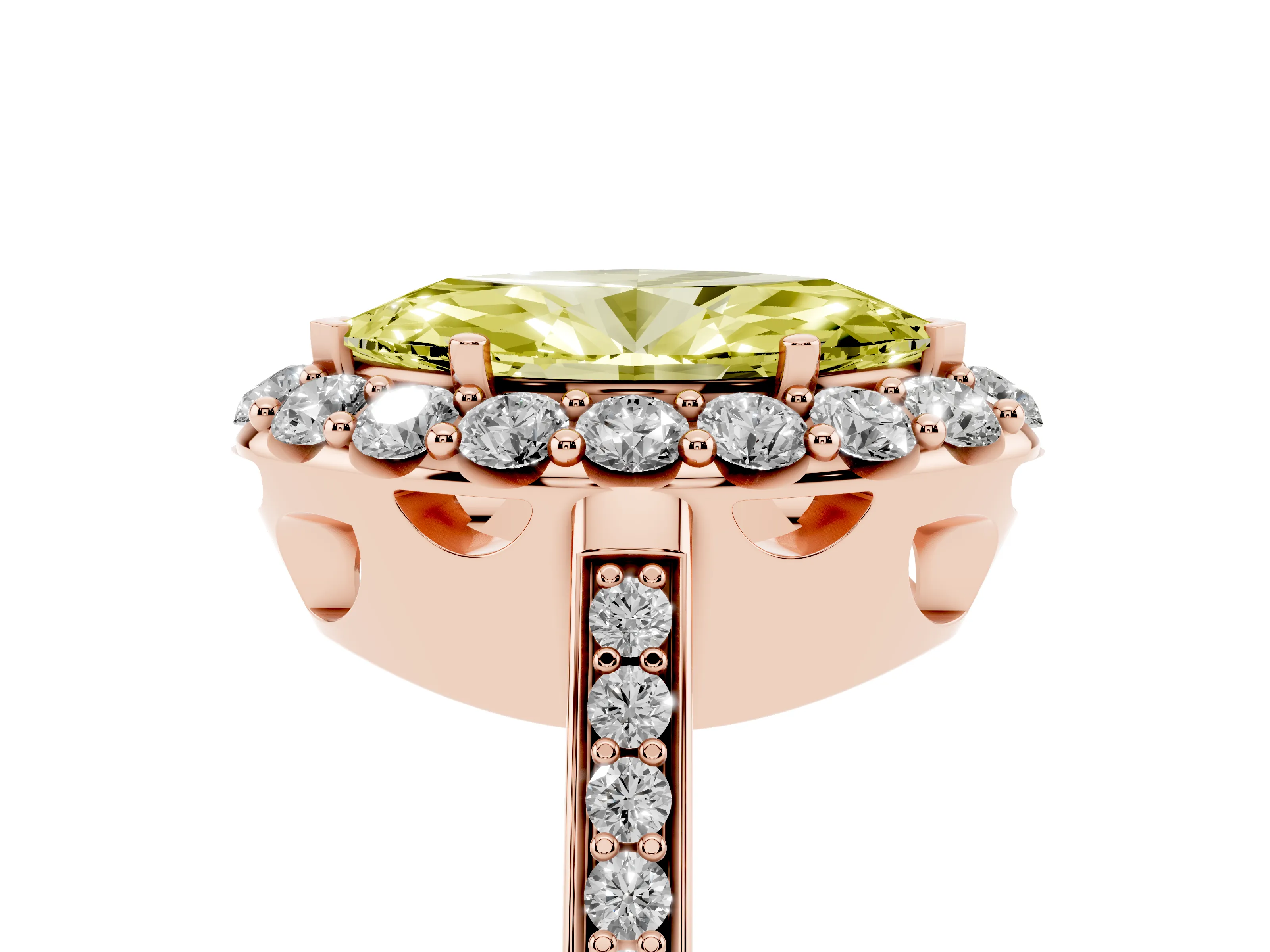 Fancy Yellow Marquise Cut Diamond Floral Halo Ring Set in Rose gold with Pavé Band and Prong Setting
