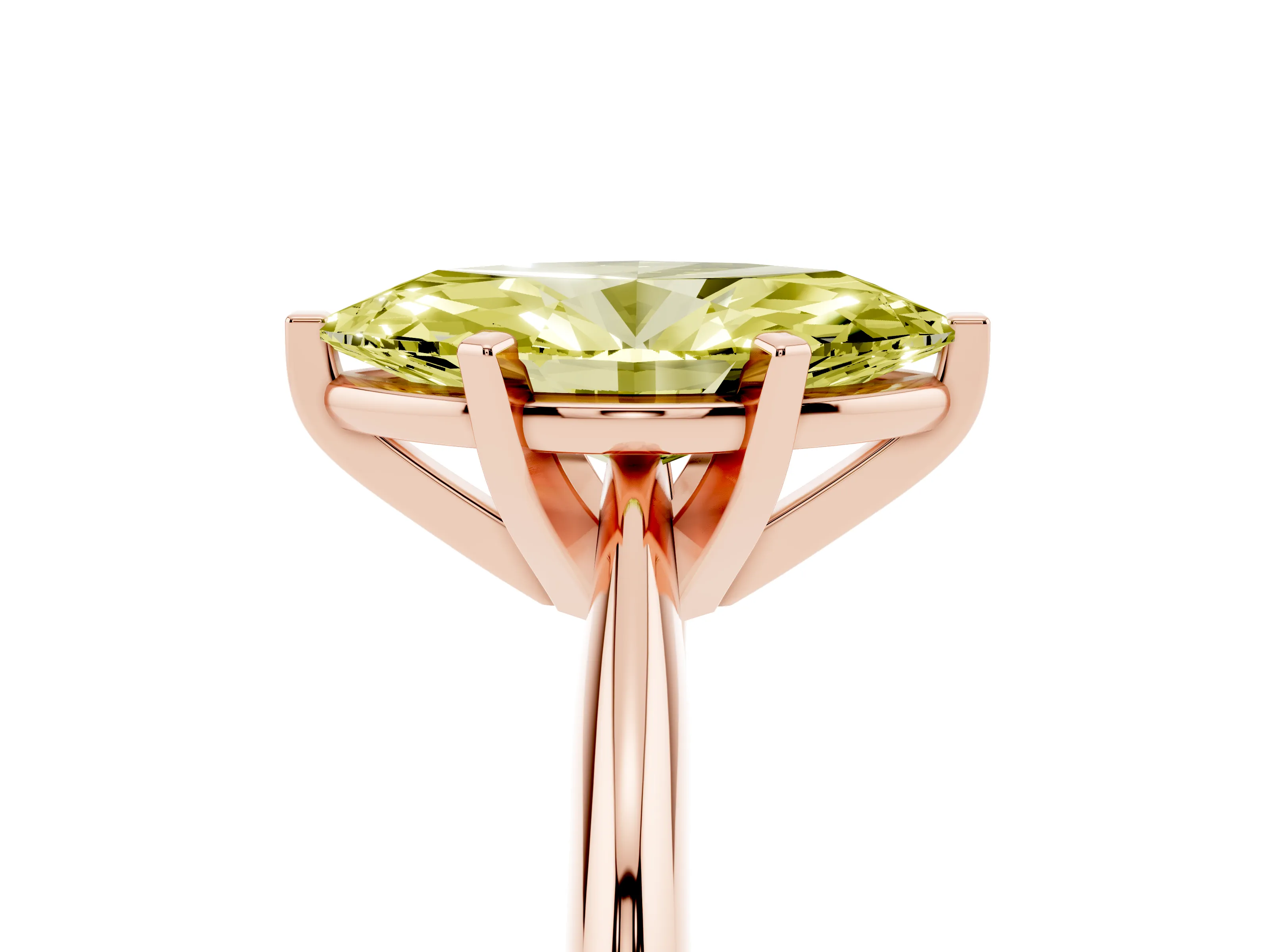 Fancy Yellow Marquise Cut Diamond Solitaire Ring Set in Rose gold with Prong Setting on a Plain Round Band