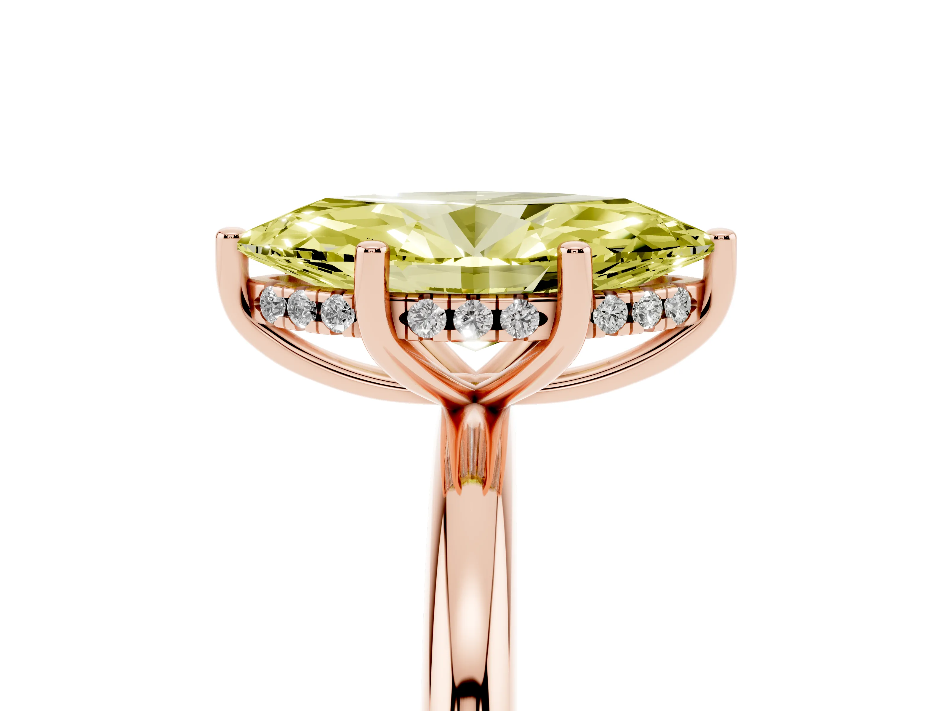 Fancy Yellow Marquise Cut Diamond Solitaire Engagement Ring Set in Rose gold with Prong Setting and Polished Band
