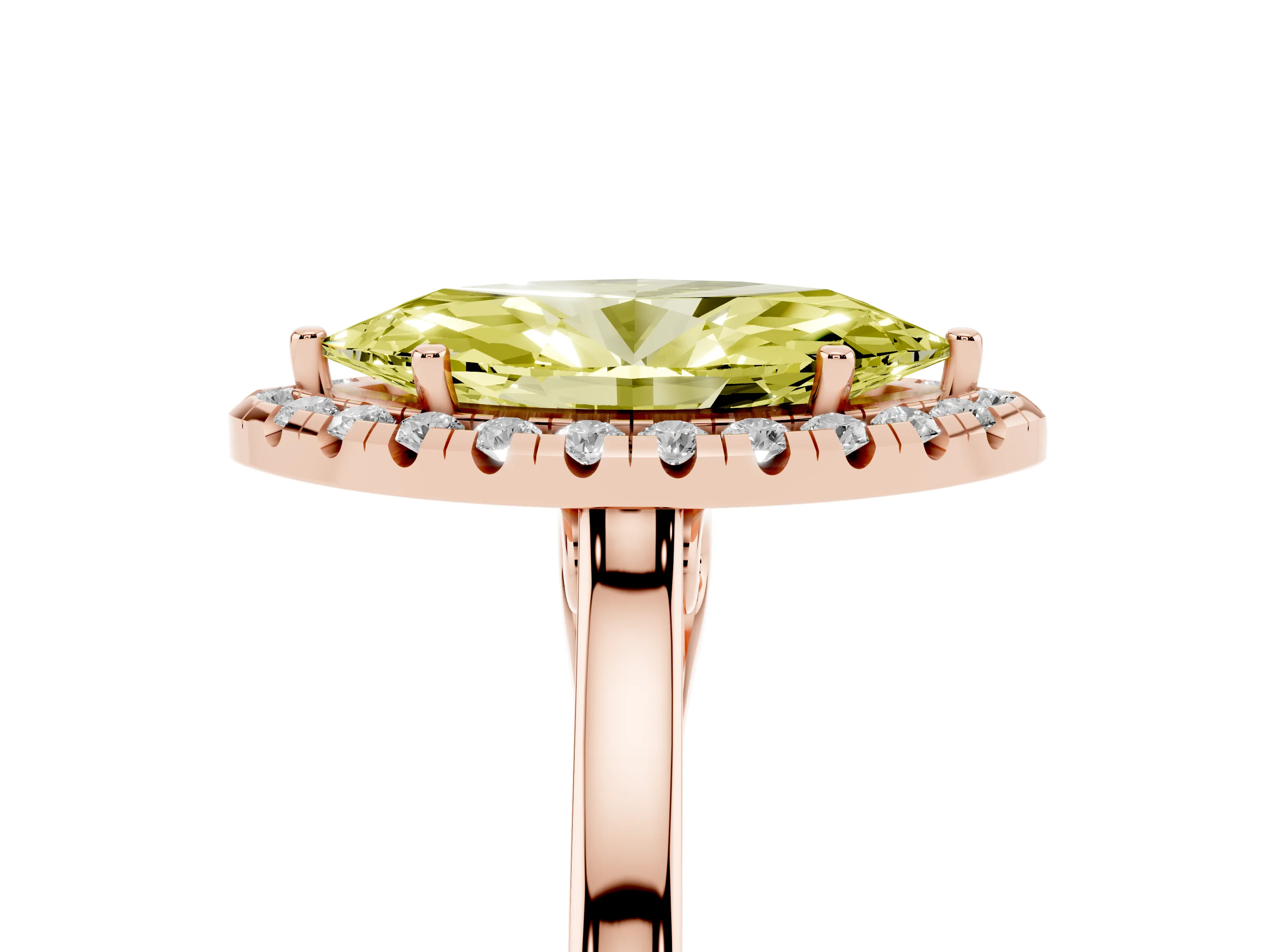 Fancy Yellow Marquise Cut Halo Round Diamond Solitaire Ring Set in Rose gold with Pavé Band and Prong Setting