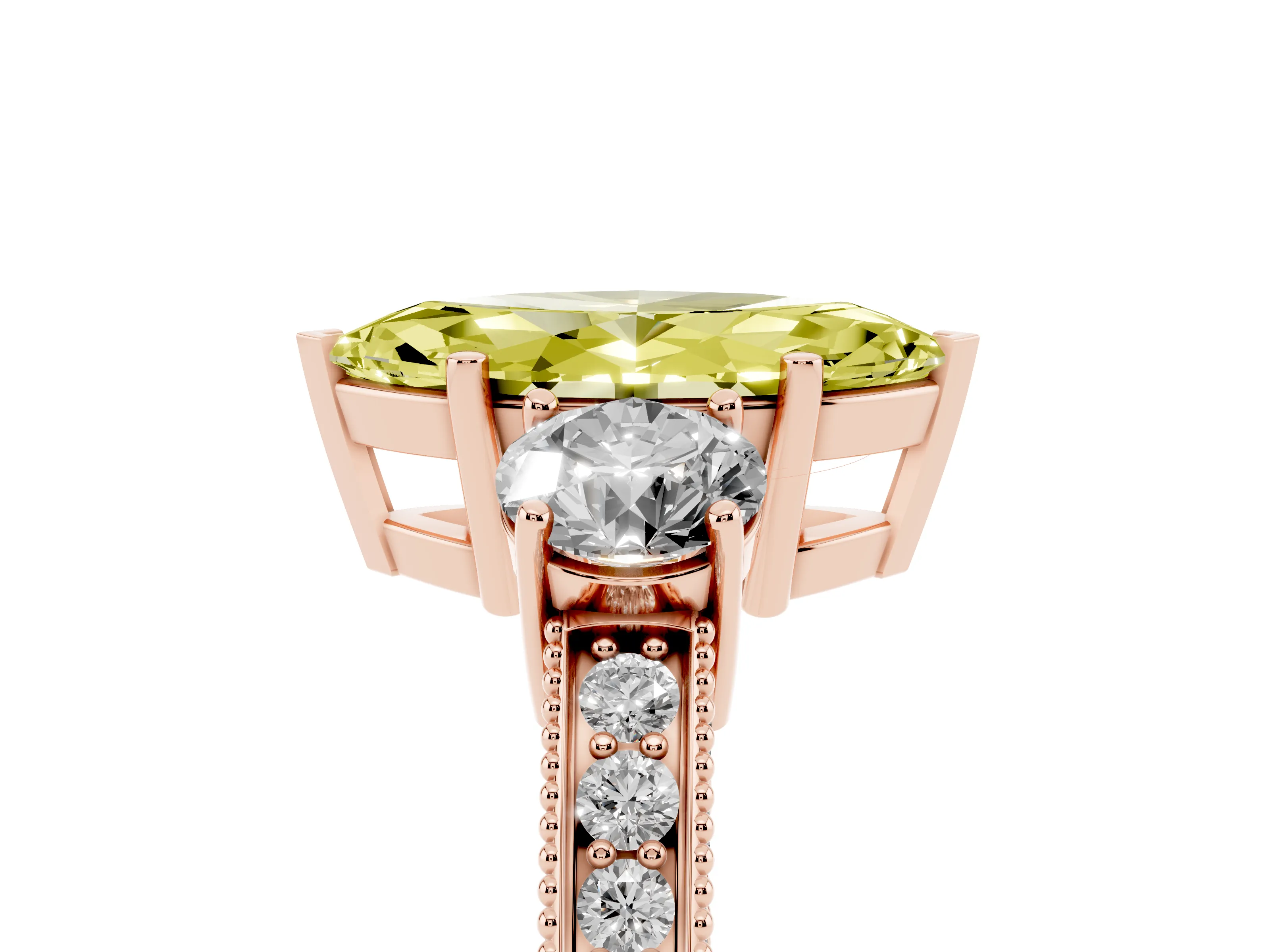 Fancy Yellow Marquise Cut Diamond Three-Stone Ring Set in Rose gold with Round Side Stones and Pavé Band