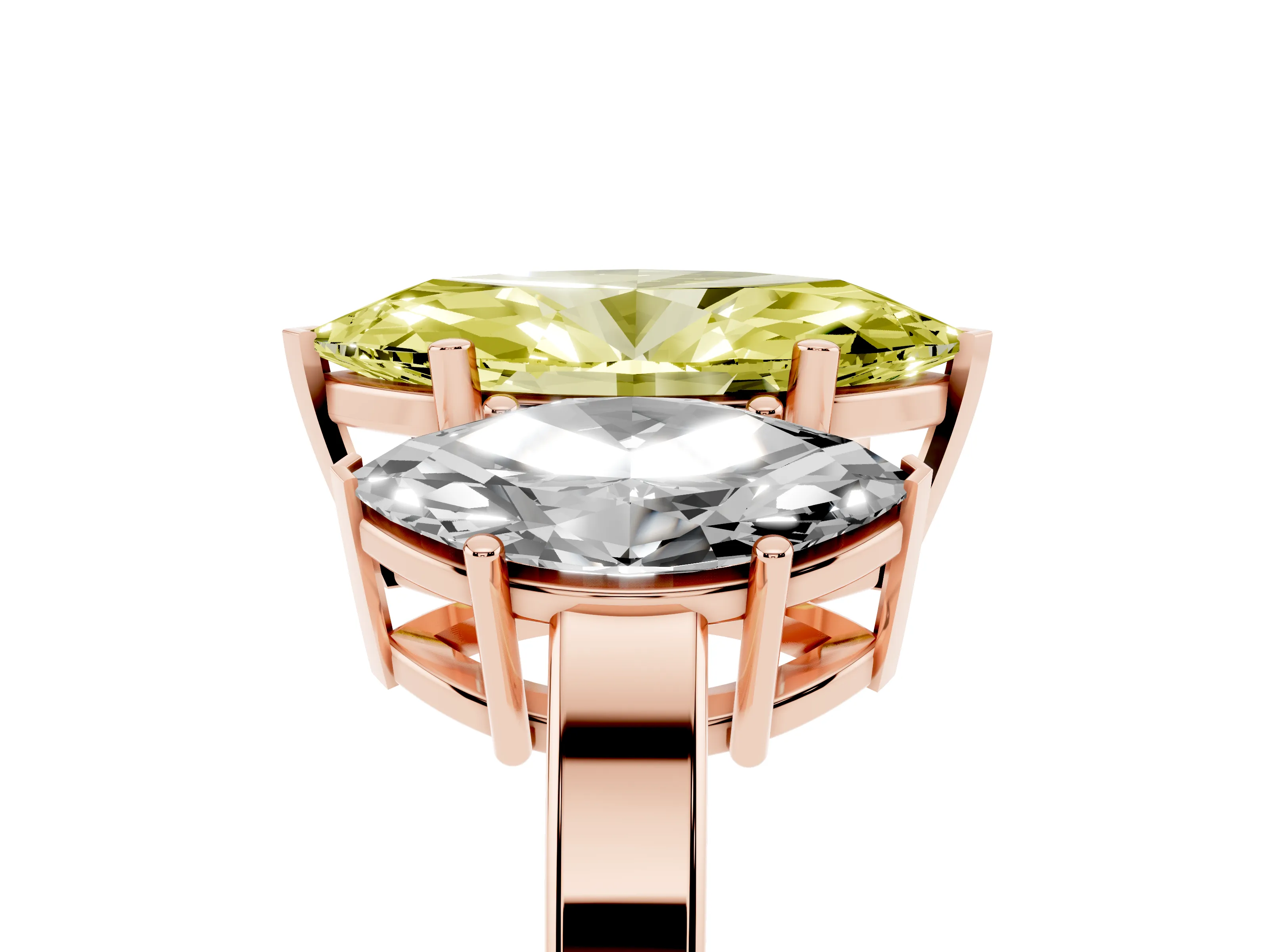 Fancy Yellow Marquise Cut Diamond Three-Stone Engagement Ring Set in Rose gold with Flat Band