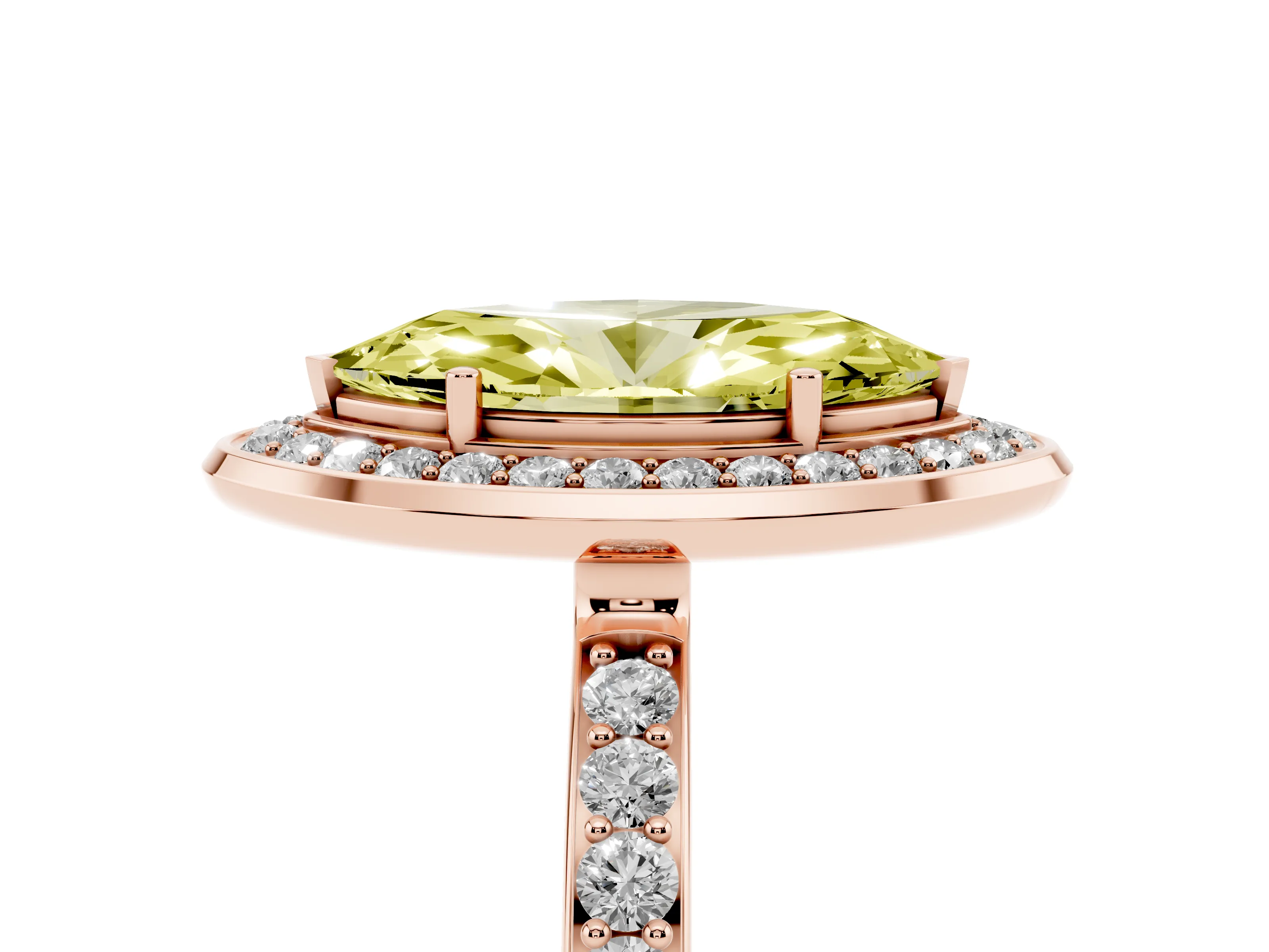 Fancy Yellow Marquise Cut Diamond Halo Ring Set in Rose gold with Bezel Frame and Pavé Band