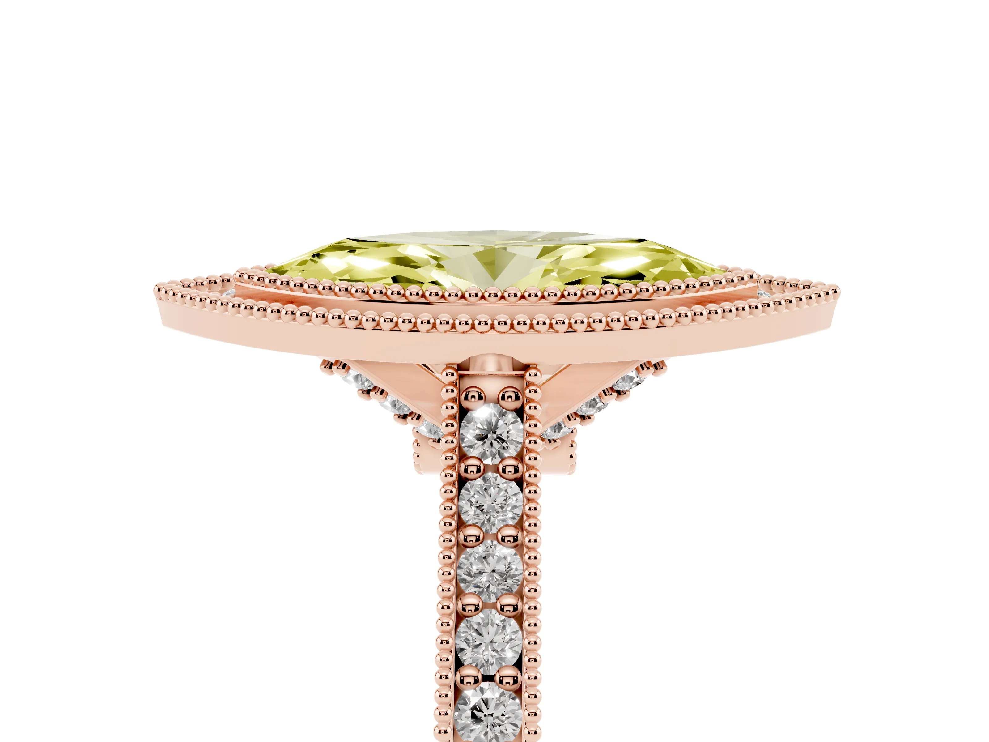 Fancy Yellow Marquise Cut Diamond Halo Milgrain Pavé Band Ring Set in Rose gold with Prong Setting