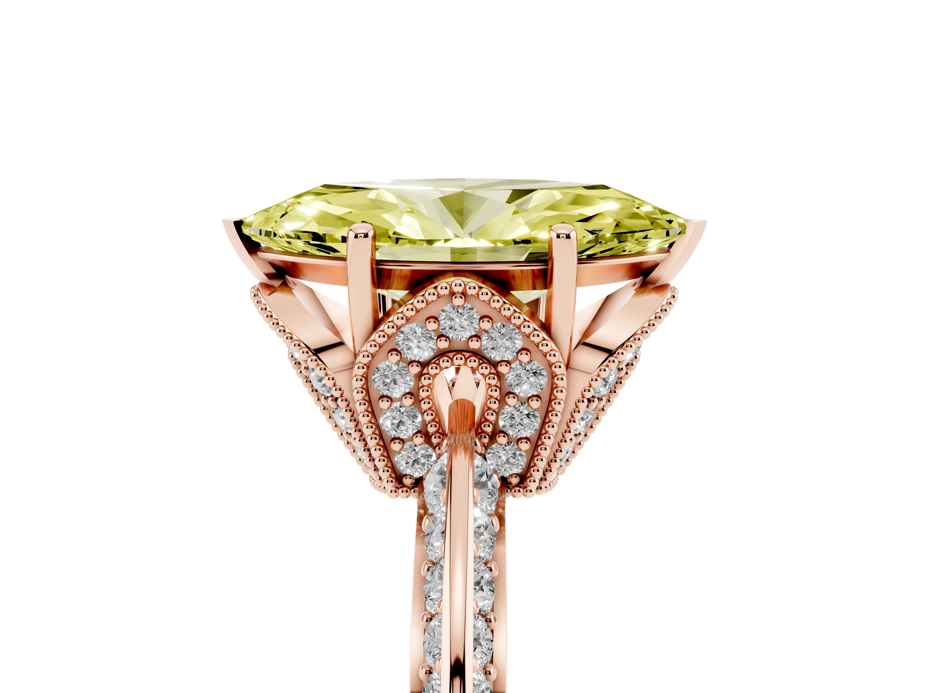 Fancy Yellow Marquise Cut Diamond Solitaire Engagement Ring Set in Rose gold with Pavé Split Shank and Prong Setting