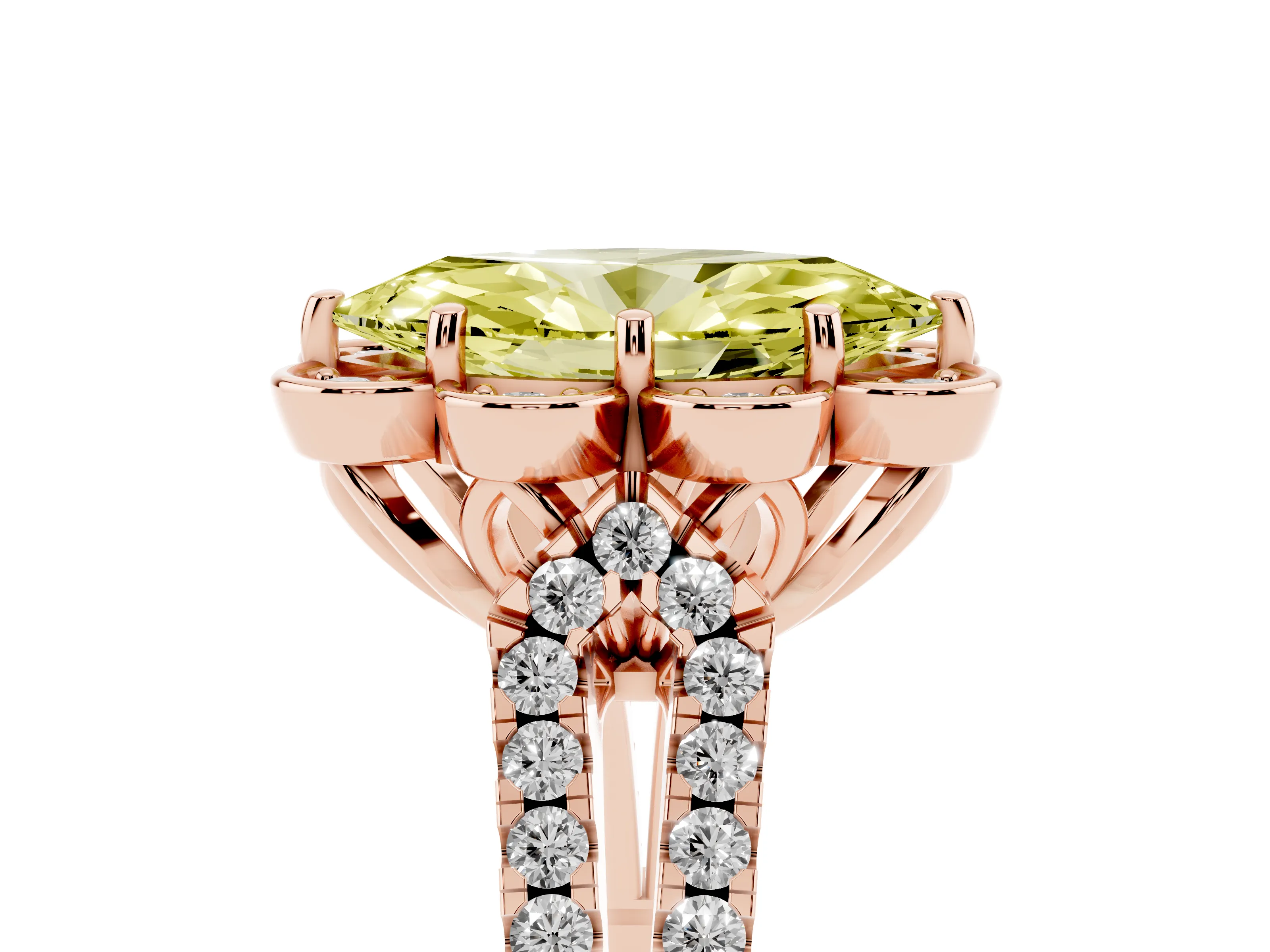 Fancy Yellow Marquise Cut Diamond Floral Halo Split Shank Engagement Ring Set in Rose gold with Pavé Shank