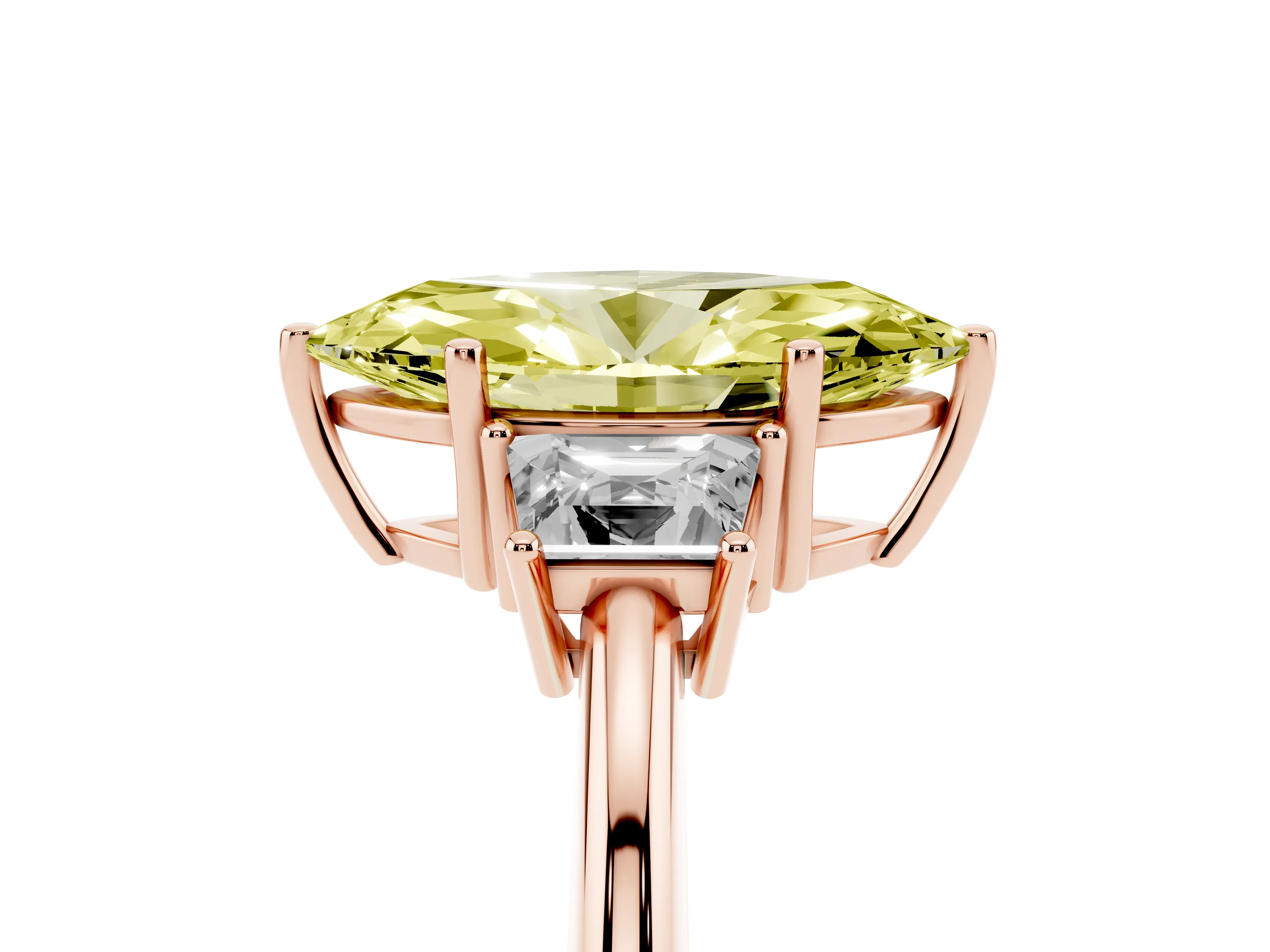 Fancy Yellow Marquise Cut Diamond Three-Stone Ring Set in Rose gold with Trapezoid Side Stones and Prong Setting