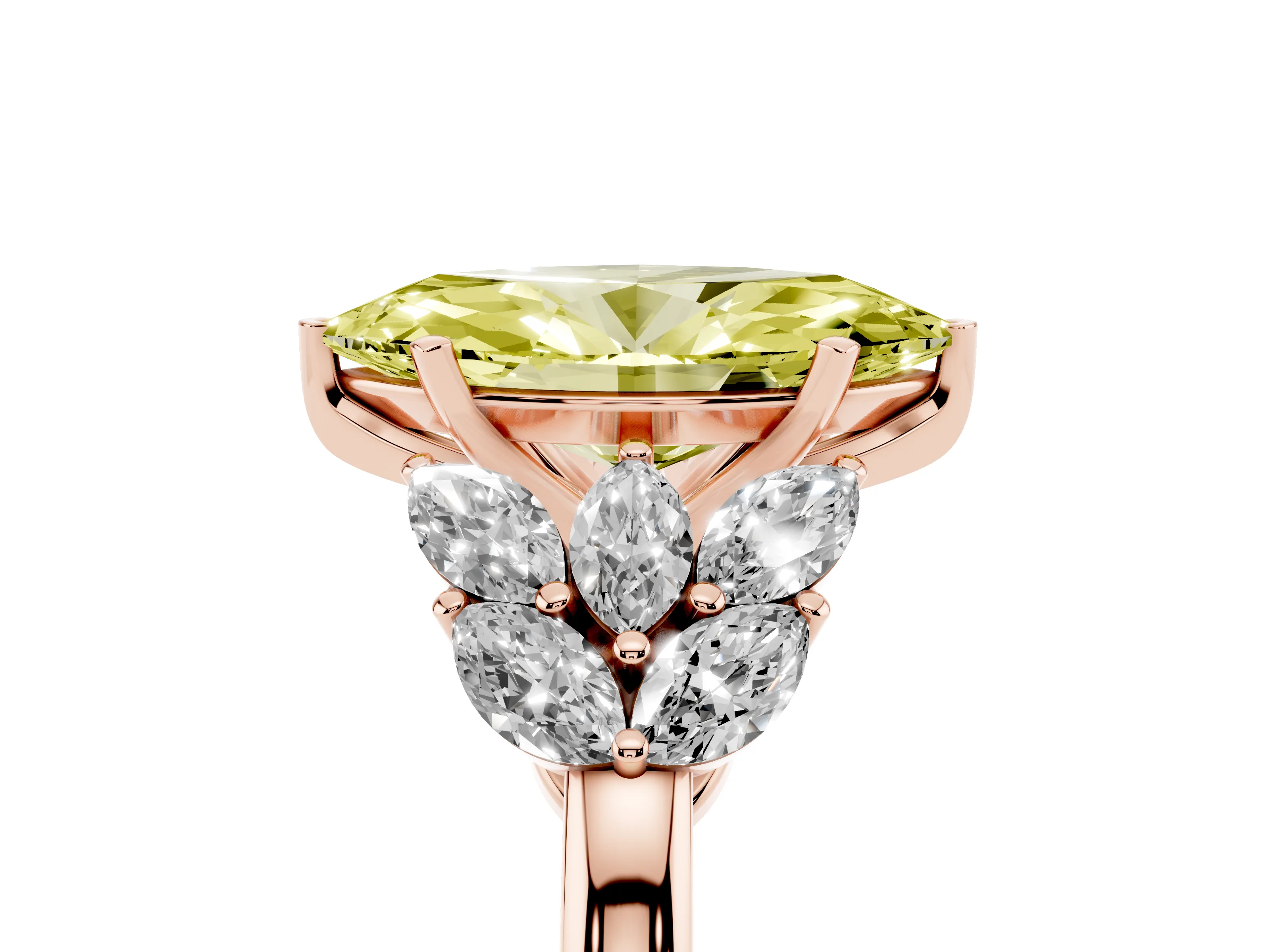 Fancy Yellow Marquise Cut Diamond Cluster Leaf Design Ring Set in Rose gold with Prong Setting