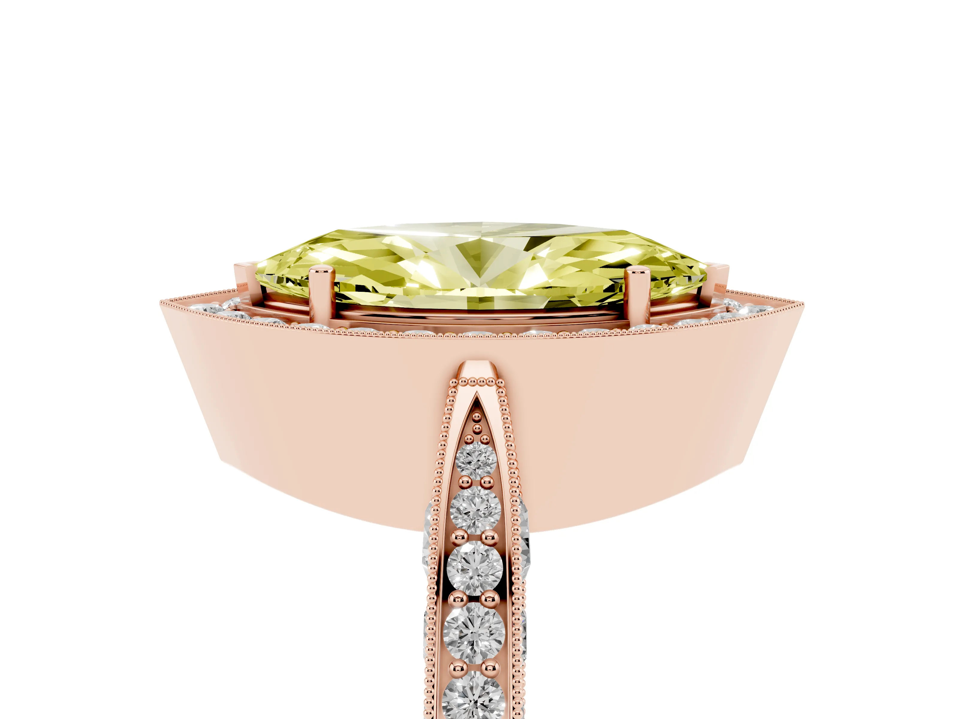 Fancy Yellow Marquise Cut Diamond Halo Engagement Ring Set in Rose gold with Accent Split Shank Band